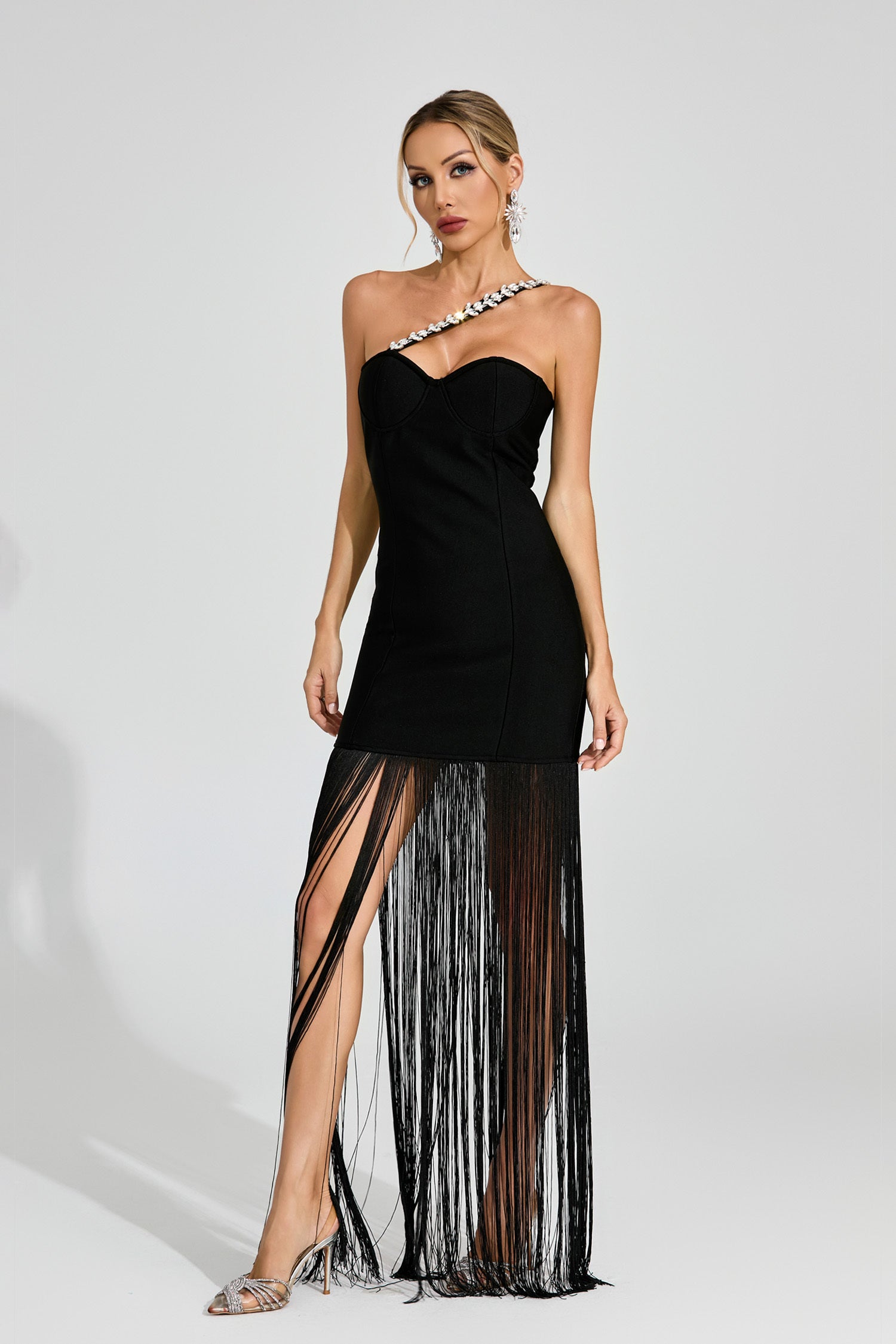 Cassia Crystal Strap Fringe Gown