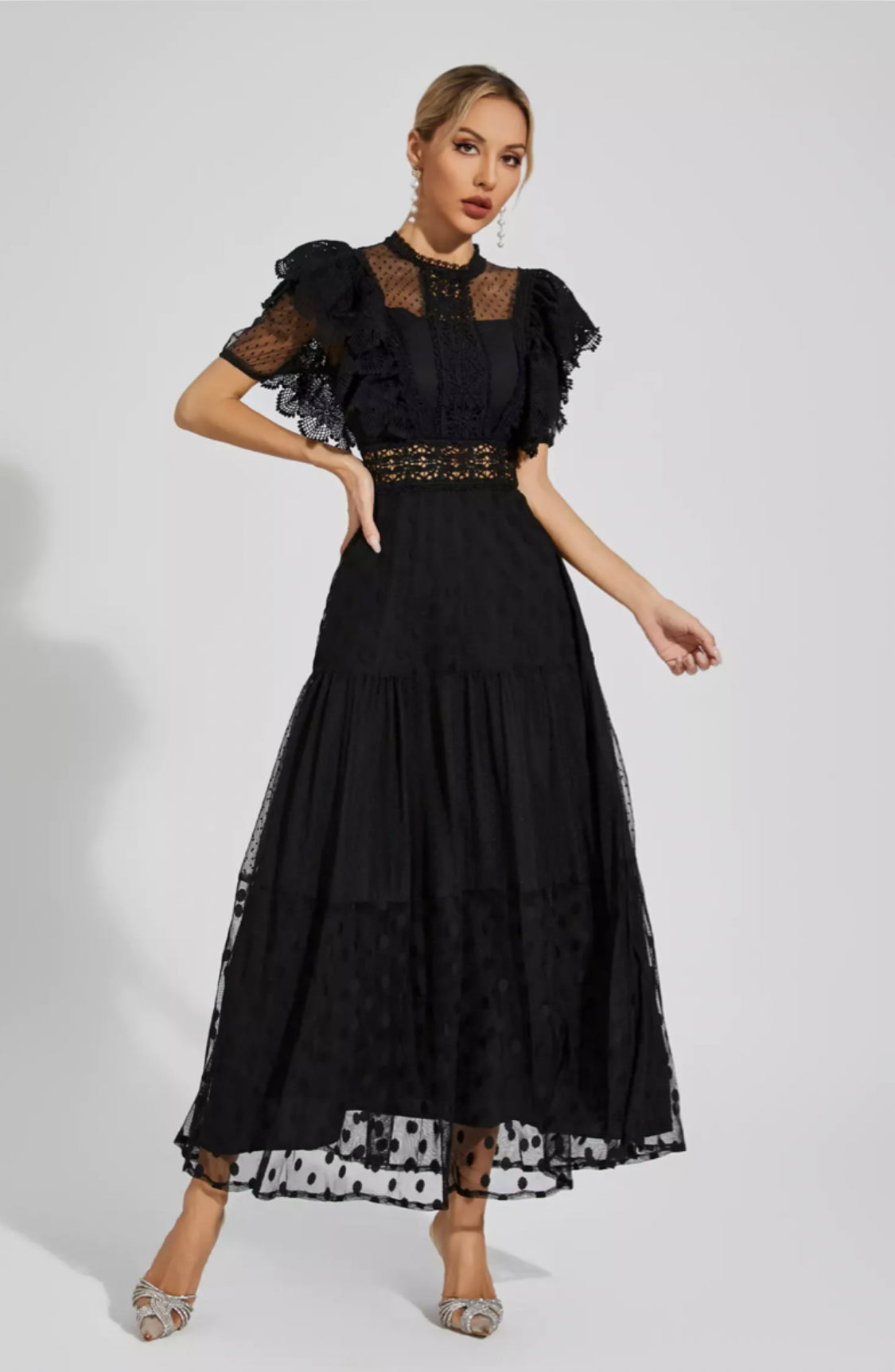 Noor polka dot black maxi dress S