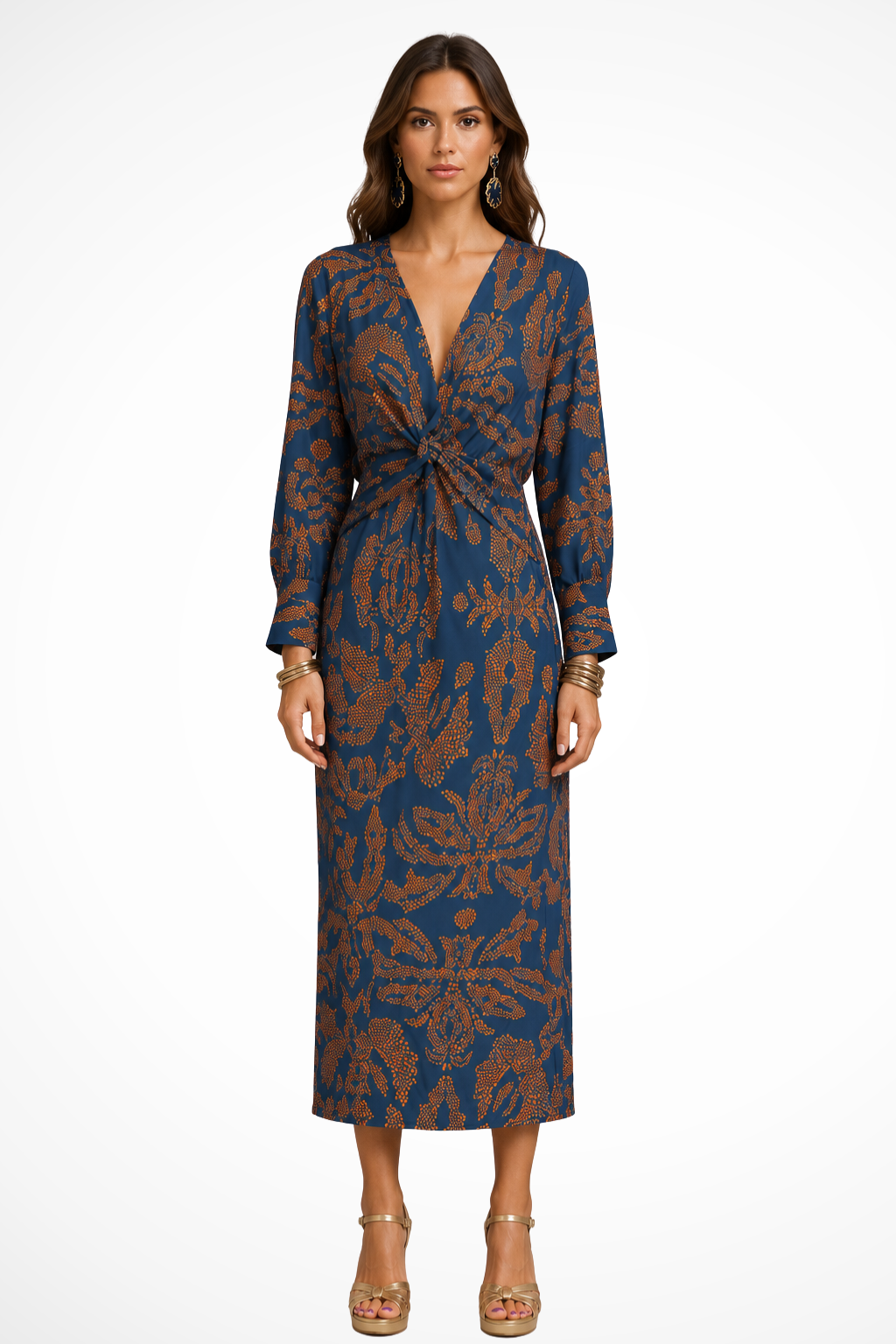 Valeriana — Elegant Printed Midi Dress With Flattering V-Neck Long Sleeve Design Blue