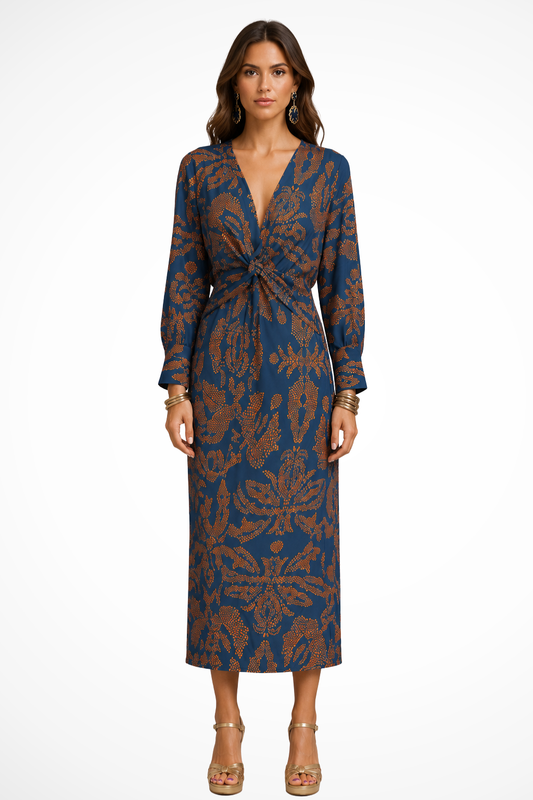 Valeriana — Elegant Printed Midi Dress With Flattering V-Neck Long Sleeve Design Blue