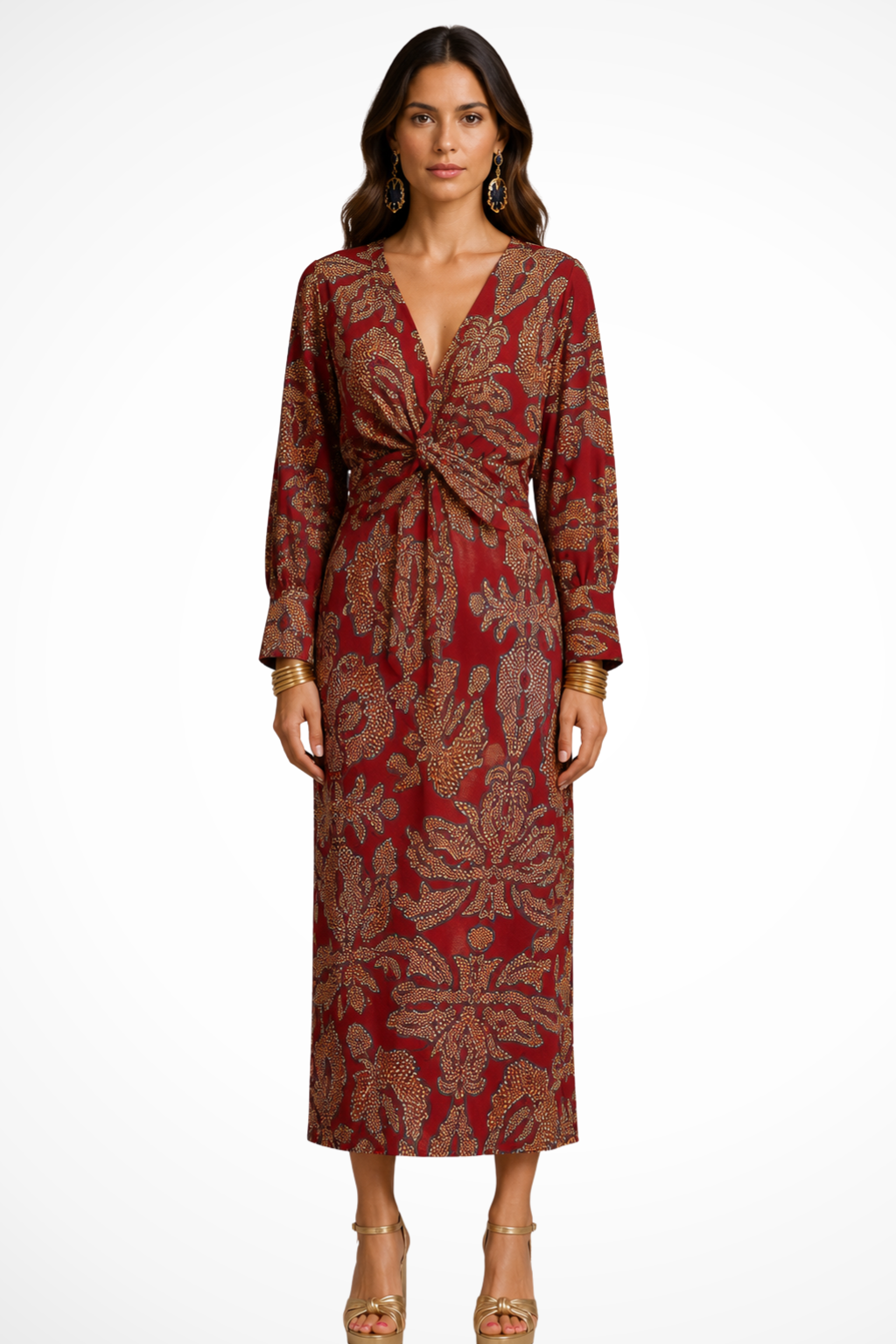 Valeriana — Elegant Printed Midi Dress With Flattering V-Neck Long Sleeve Design Red
