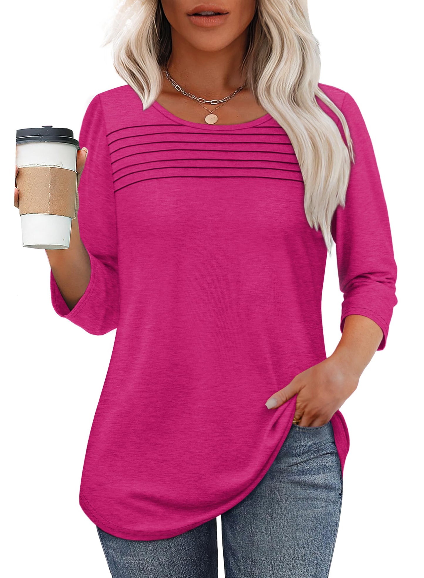 ⏰Hot Sale-Women's 3/4 Length Sleeve Top Pleated Front T-Shirt(Buy 3 Free Shipping)