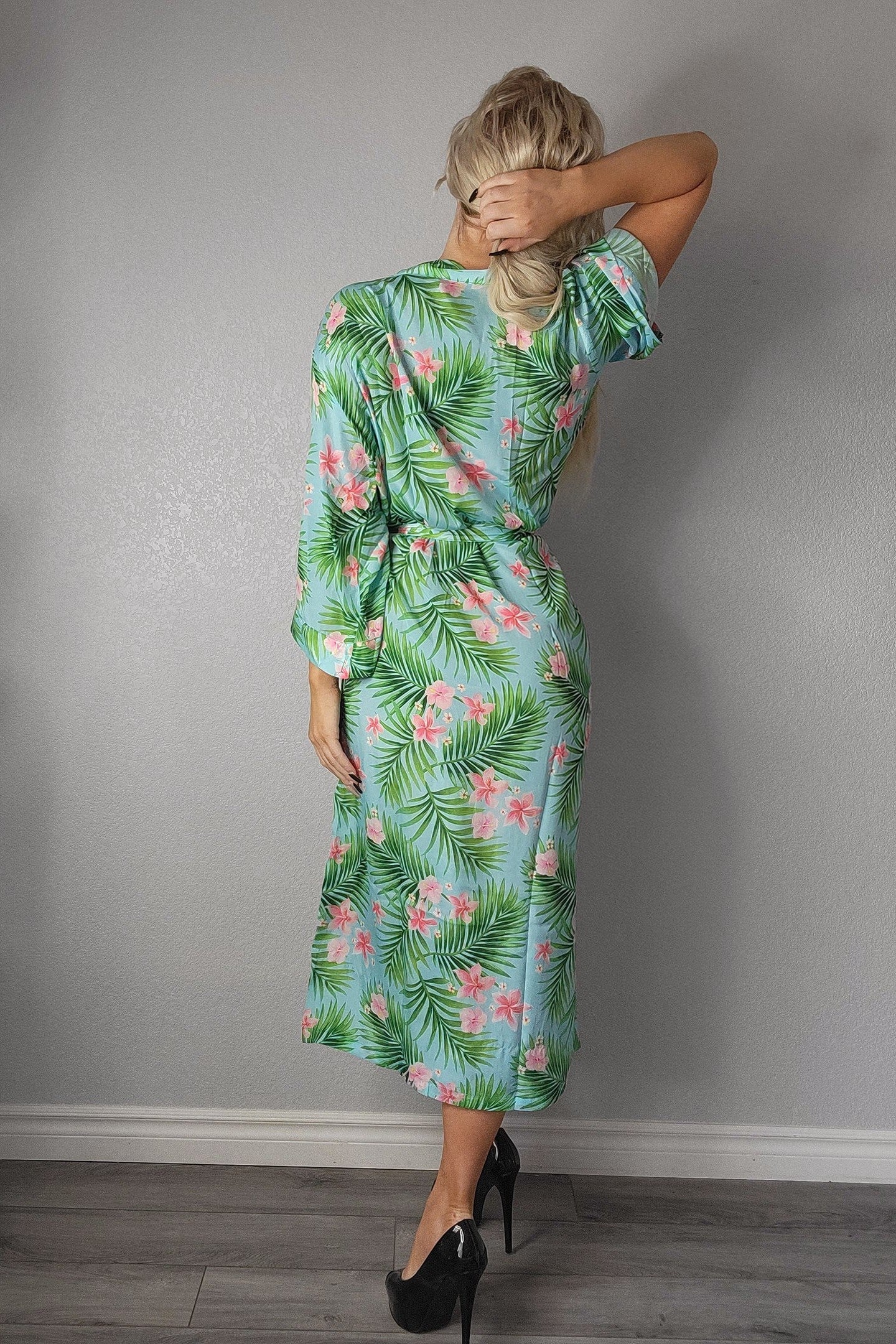 Ladies SexyGreen Palm Floral Printed Long Robe / Cover up