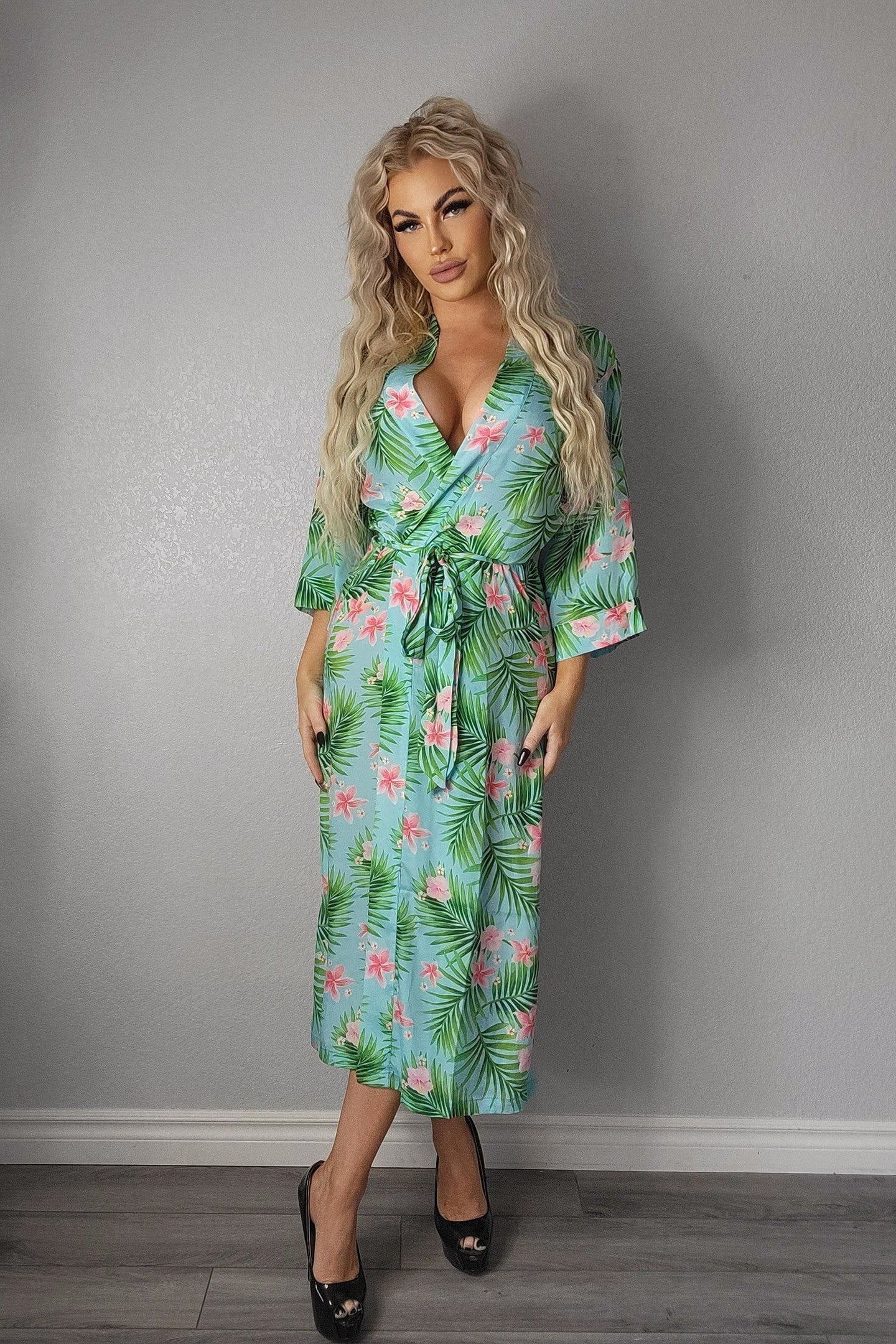 Ladies SexyGreen Palm Floral Printed Long Robe / Cover up