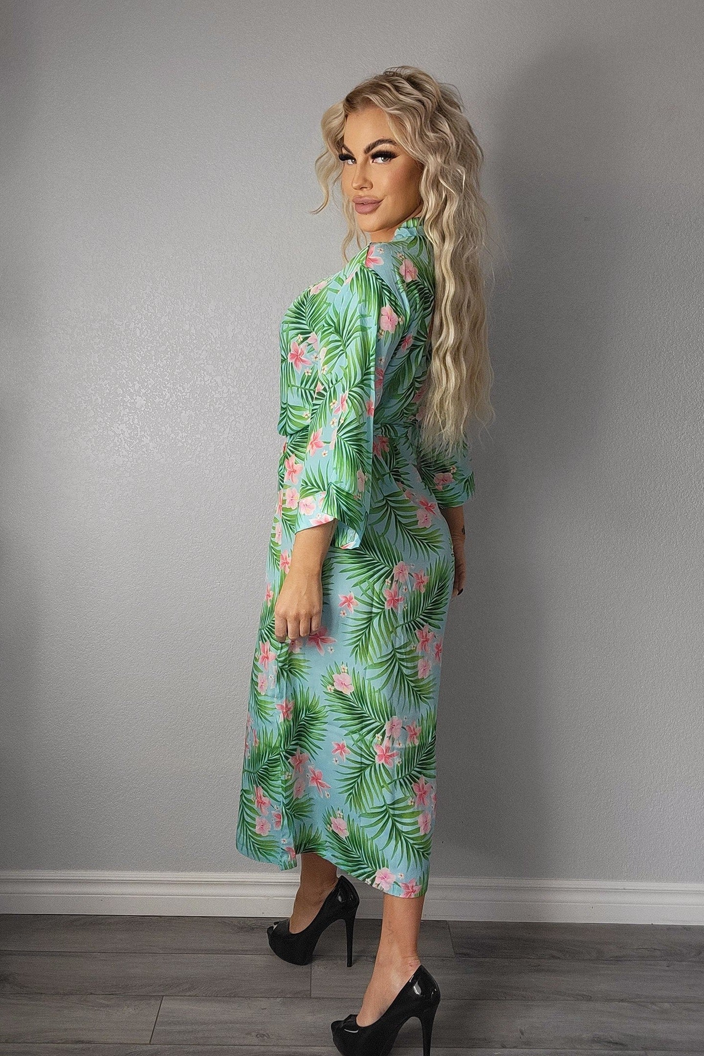 Ladies SexyGreen Palm Floral Printed Long Robe / Cover up