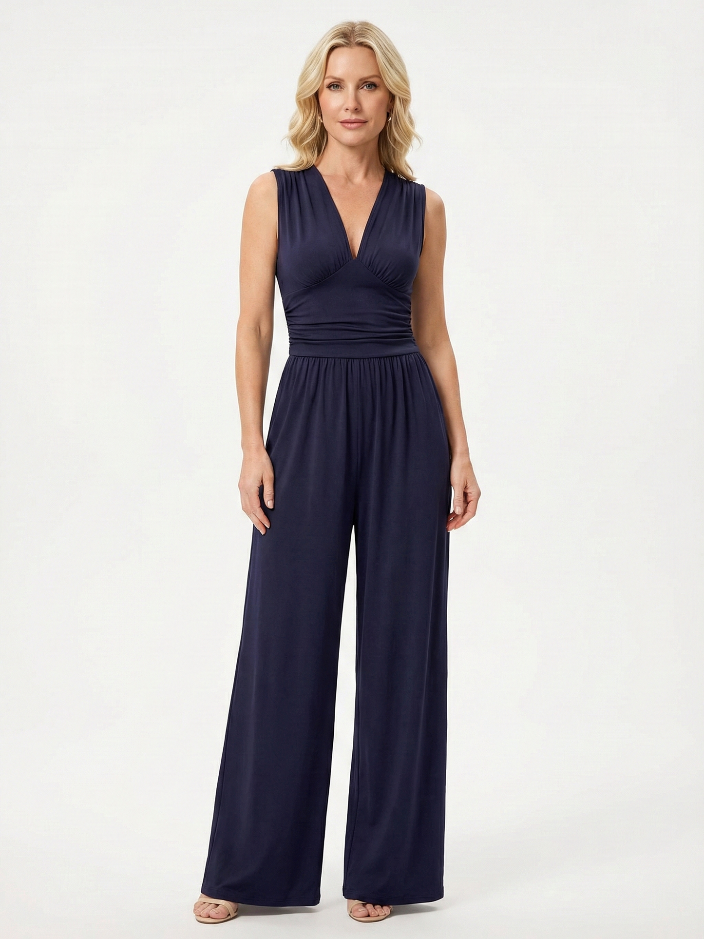 Amy | Stretchy Ruched V-Neck Wide-Leg Jumpsuit