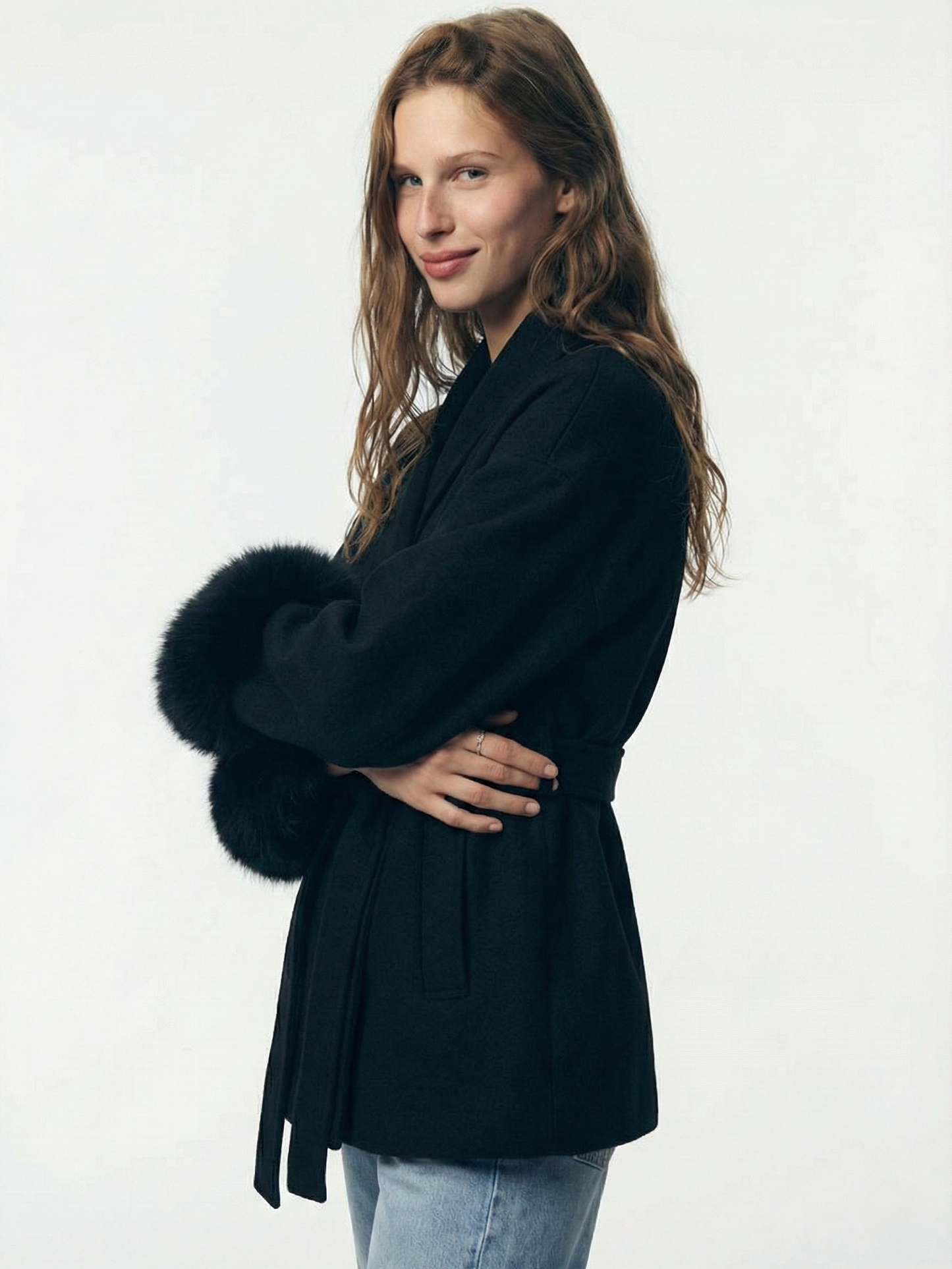 Celine | Belted Coat with Faux Fur Cuffs