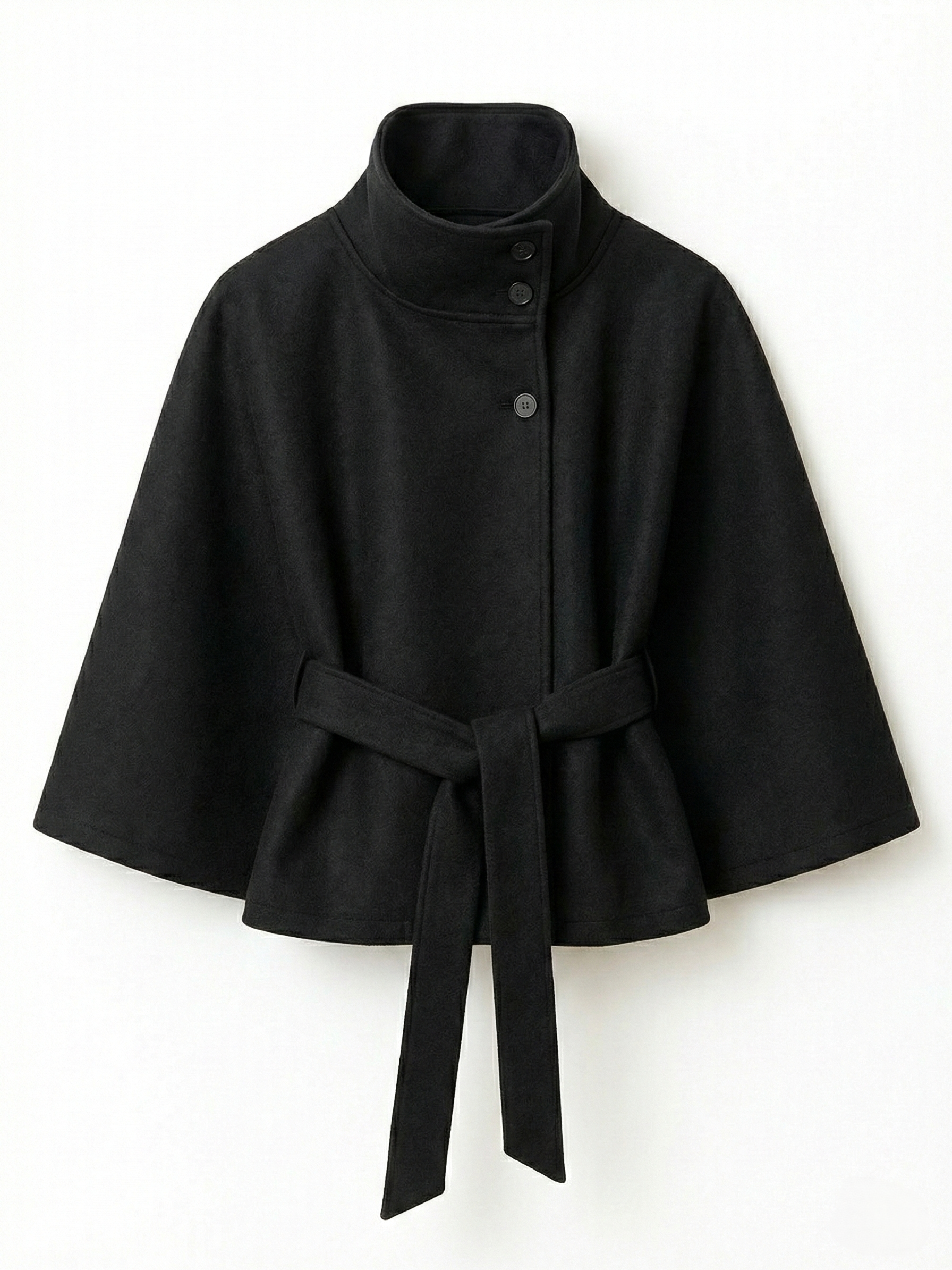 Chloe | High-Neck Belted Cape Jacket Black