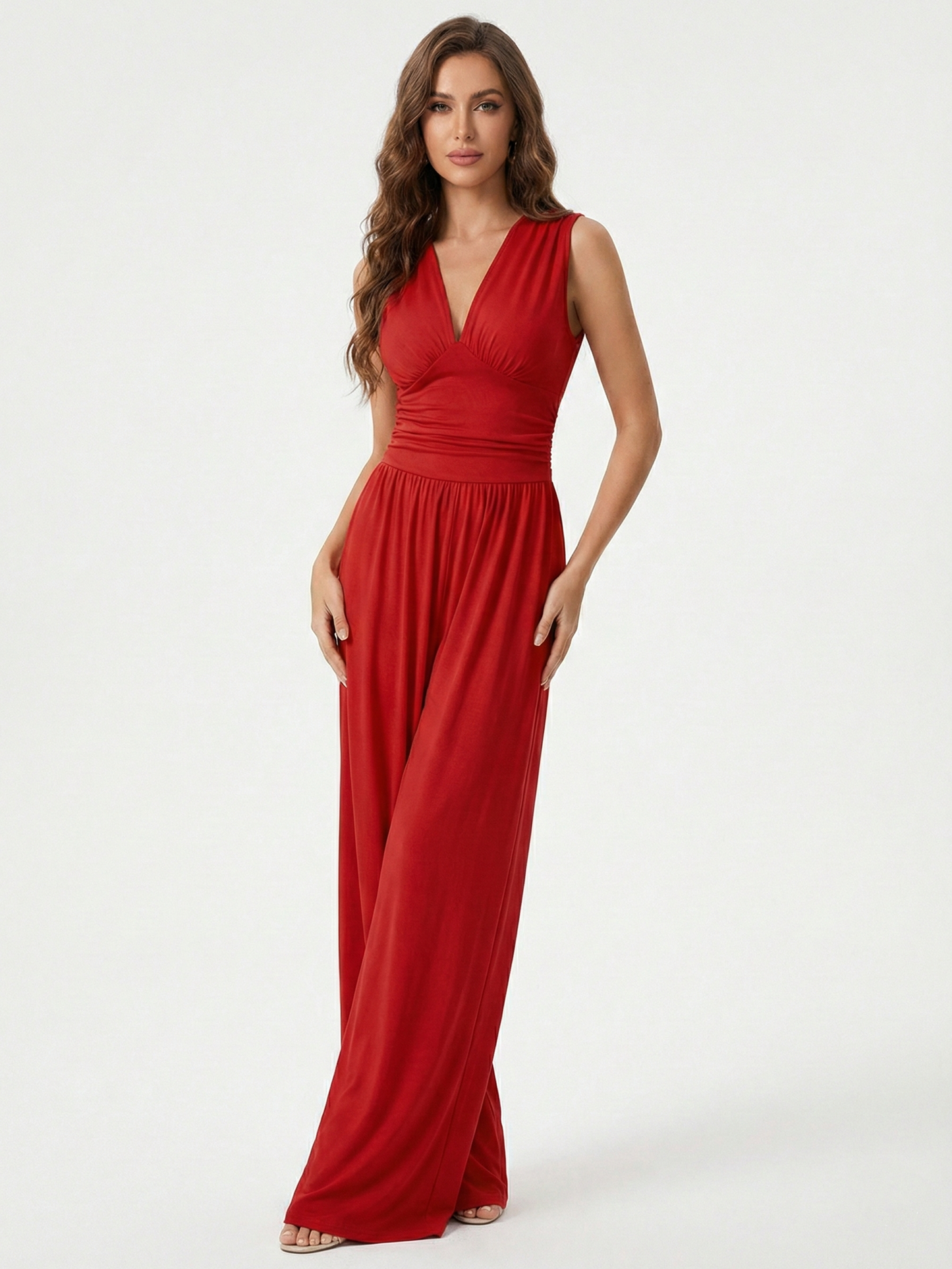 Amy | Stretchy Ruched V-Neck Wide-Leg Jumpsuit