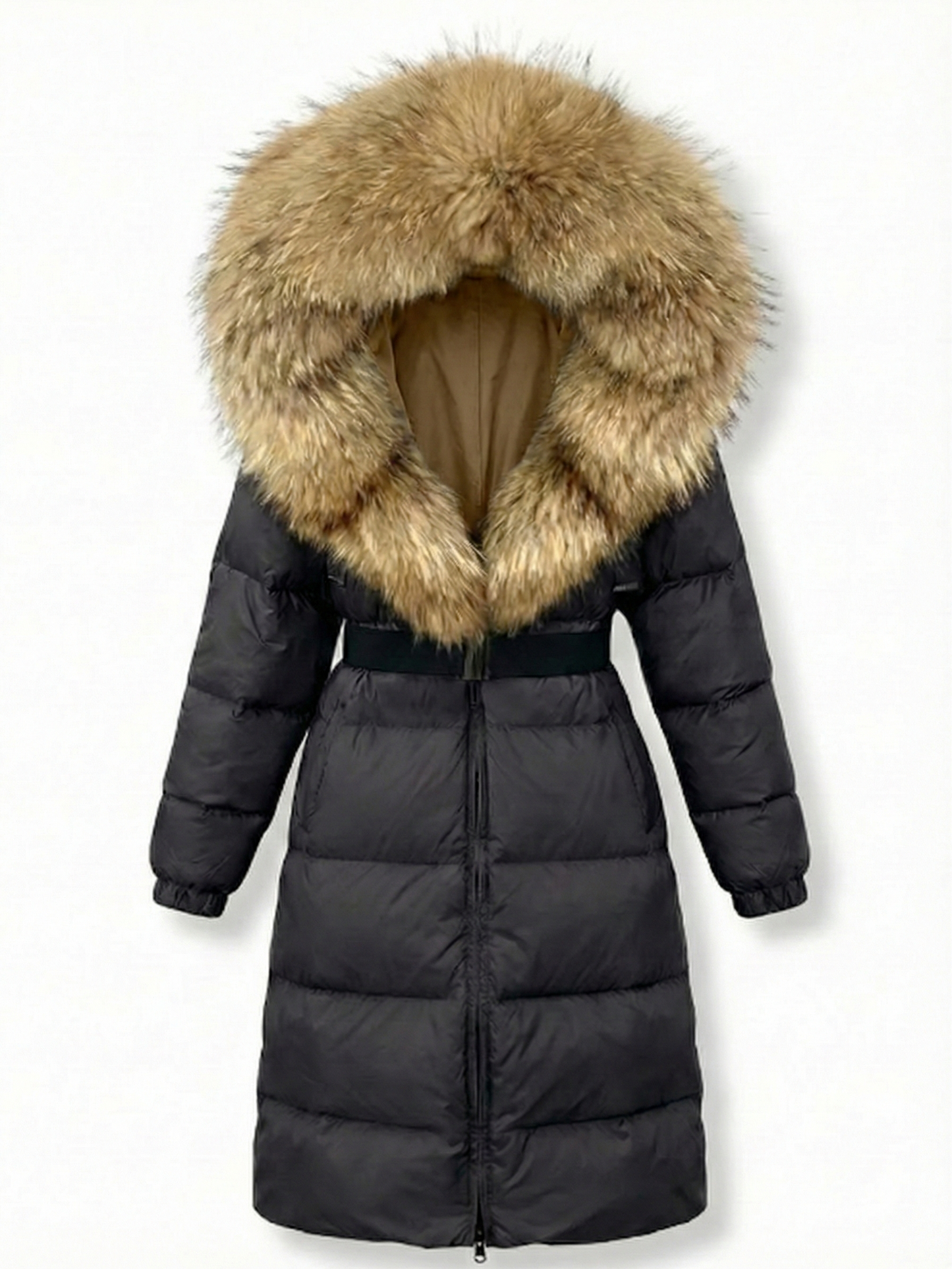 Jane | Belted Long Puffer Coat with Faux Fur Hood