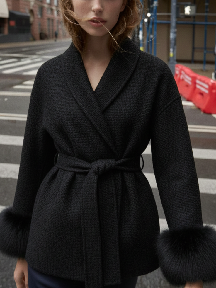 Celine | Belted Coat with Faux Fur Cuffs