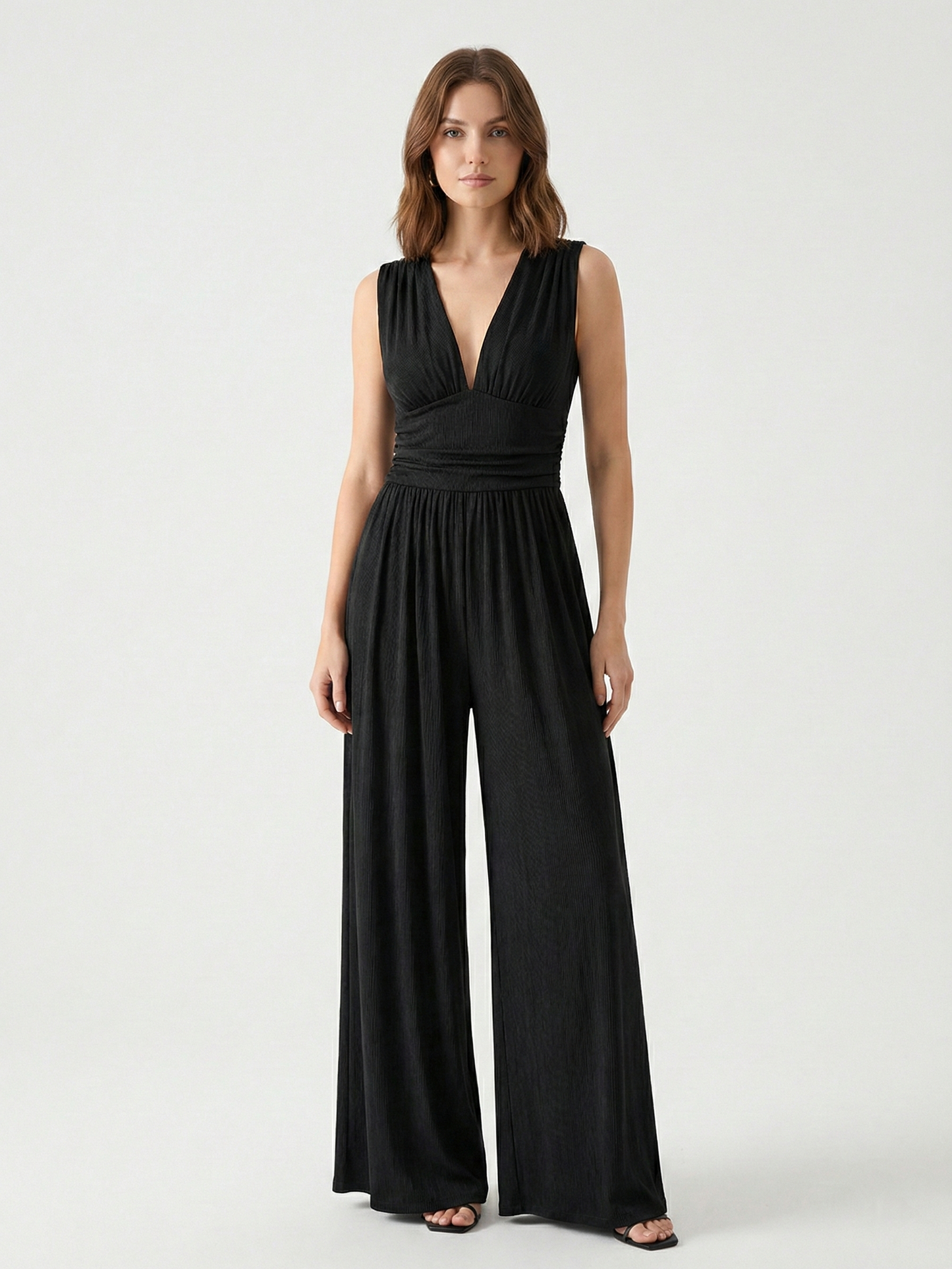 Amy | Stretchy Ruched V-Neck Wide-Leg Jumpsuit