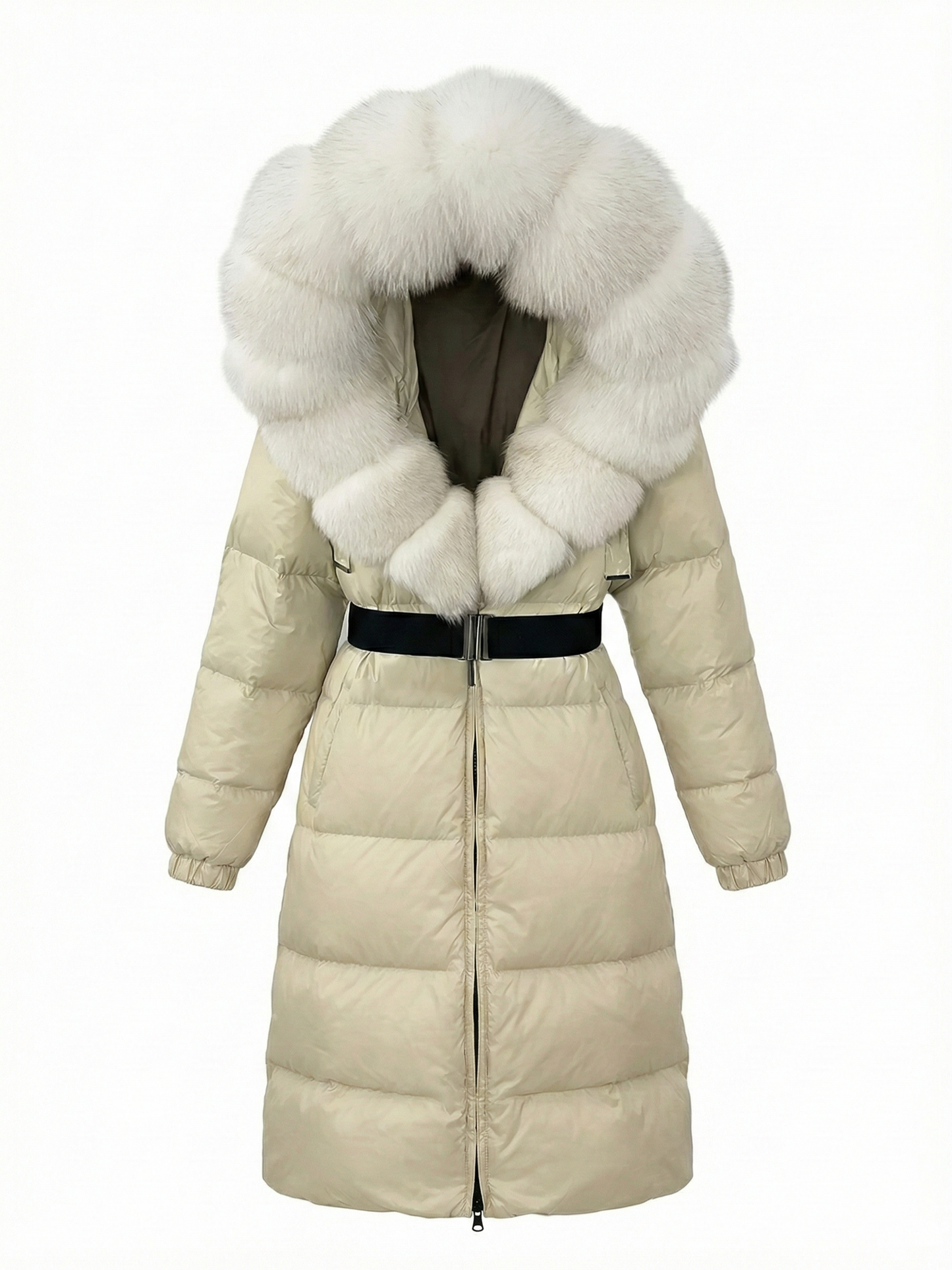 Jane | Belted Long Puffer Coat with Faux Fur Hood
