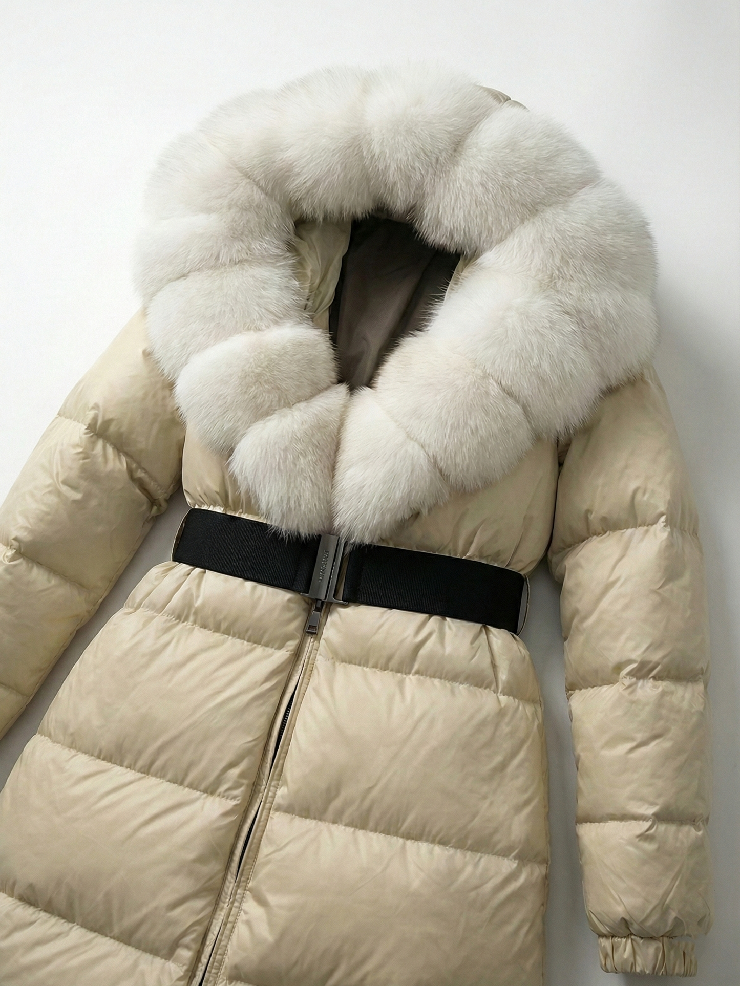 Jane | Belted Long Puffer Coat with Faux Fur Hood