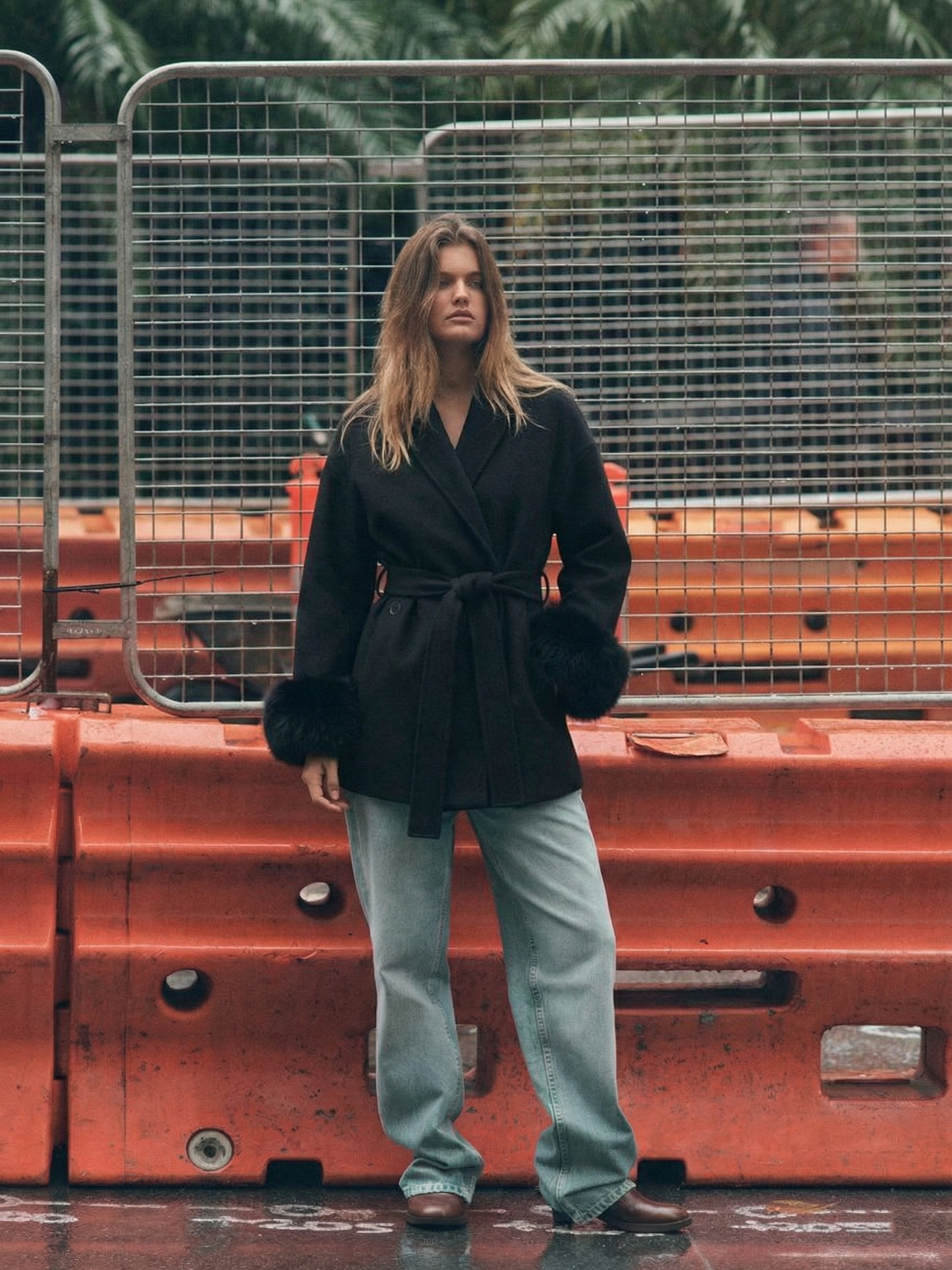 Celine | Belted Coat with Faux Fur Cuffs