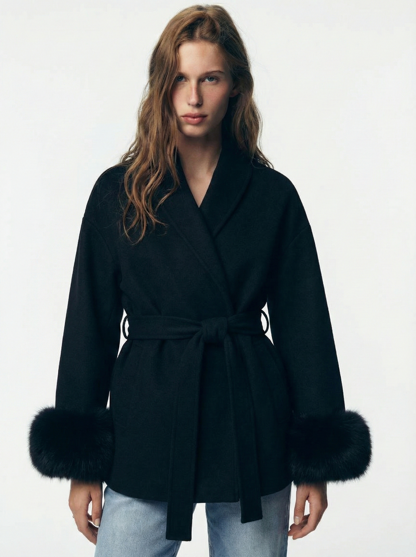 Celine | Belted Coat with Faux Fur Cuffs