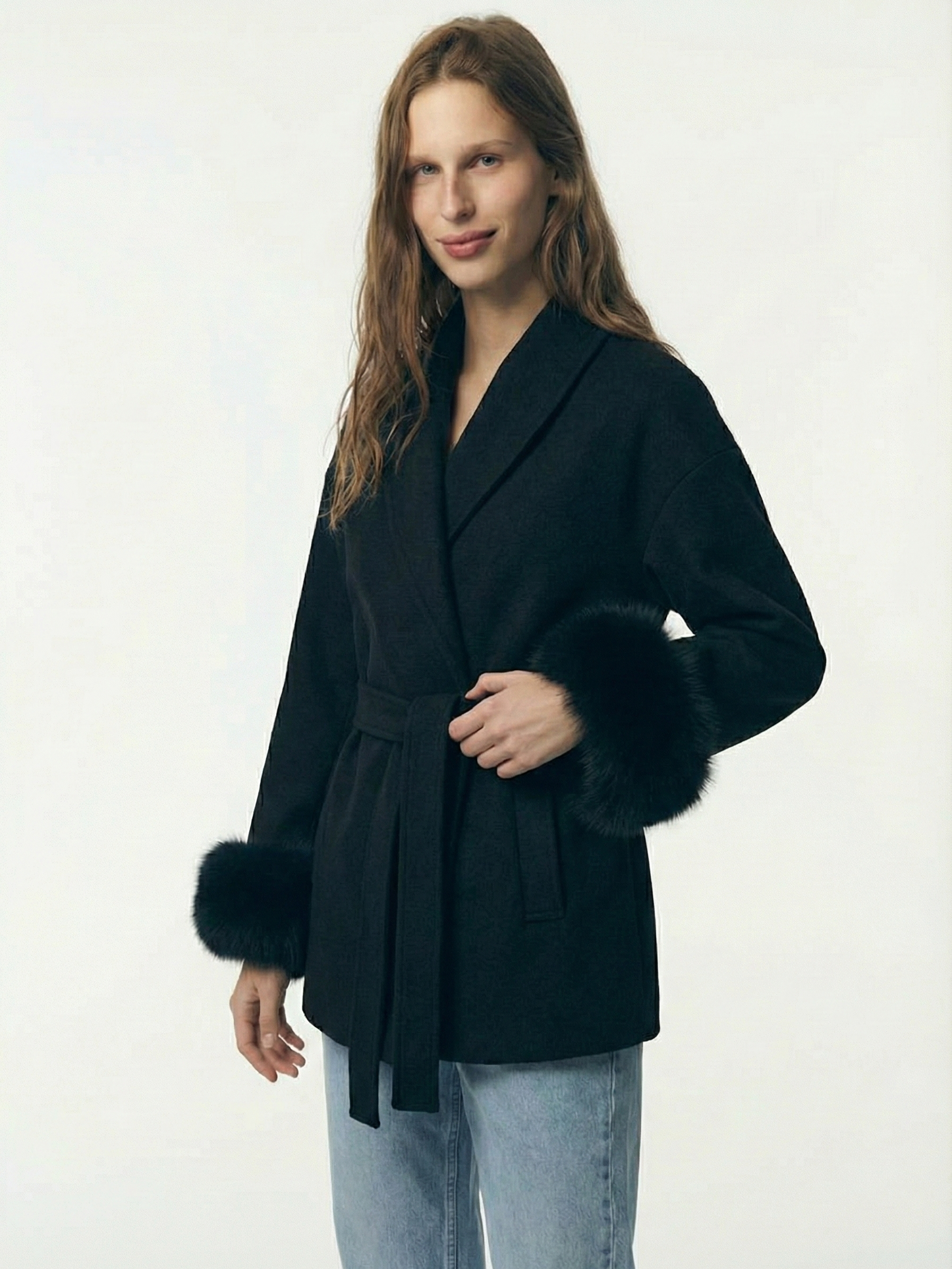 Celine | Belted Coat with Faux Fur Cuffs
