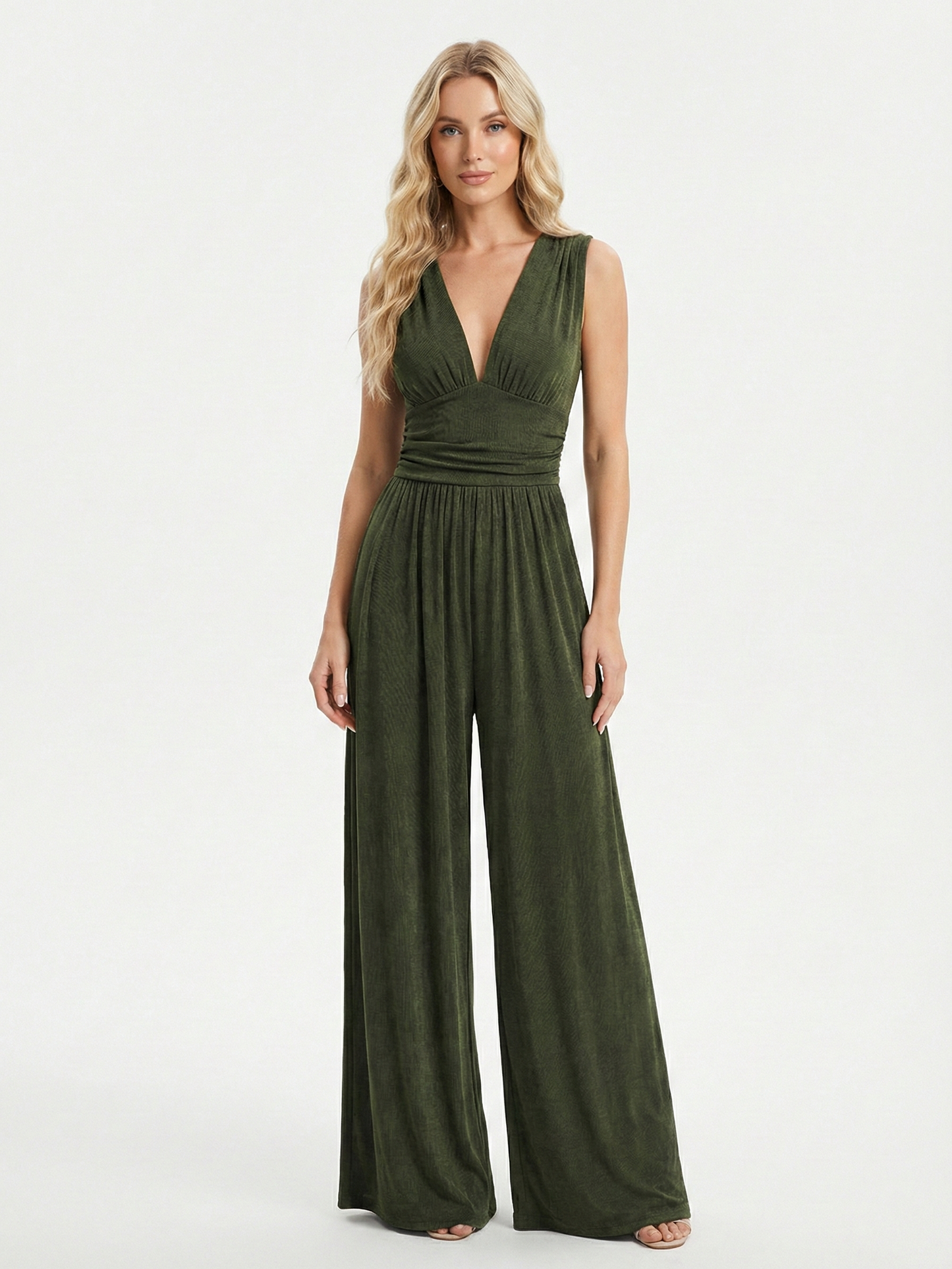 Amy | Stretchy Ruched V-Neck Wide-Leg Jumpsuit