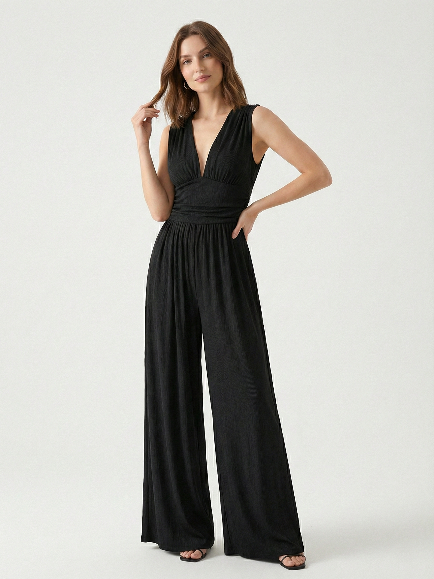 Amy | Stretchy Ruched V-Neck Wide-Leg Jumpsuit