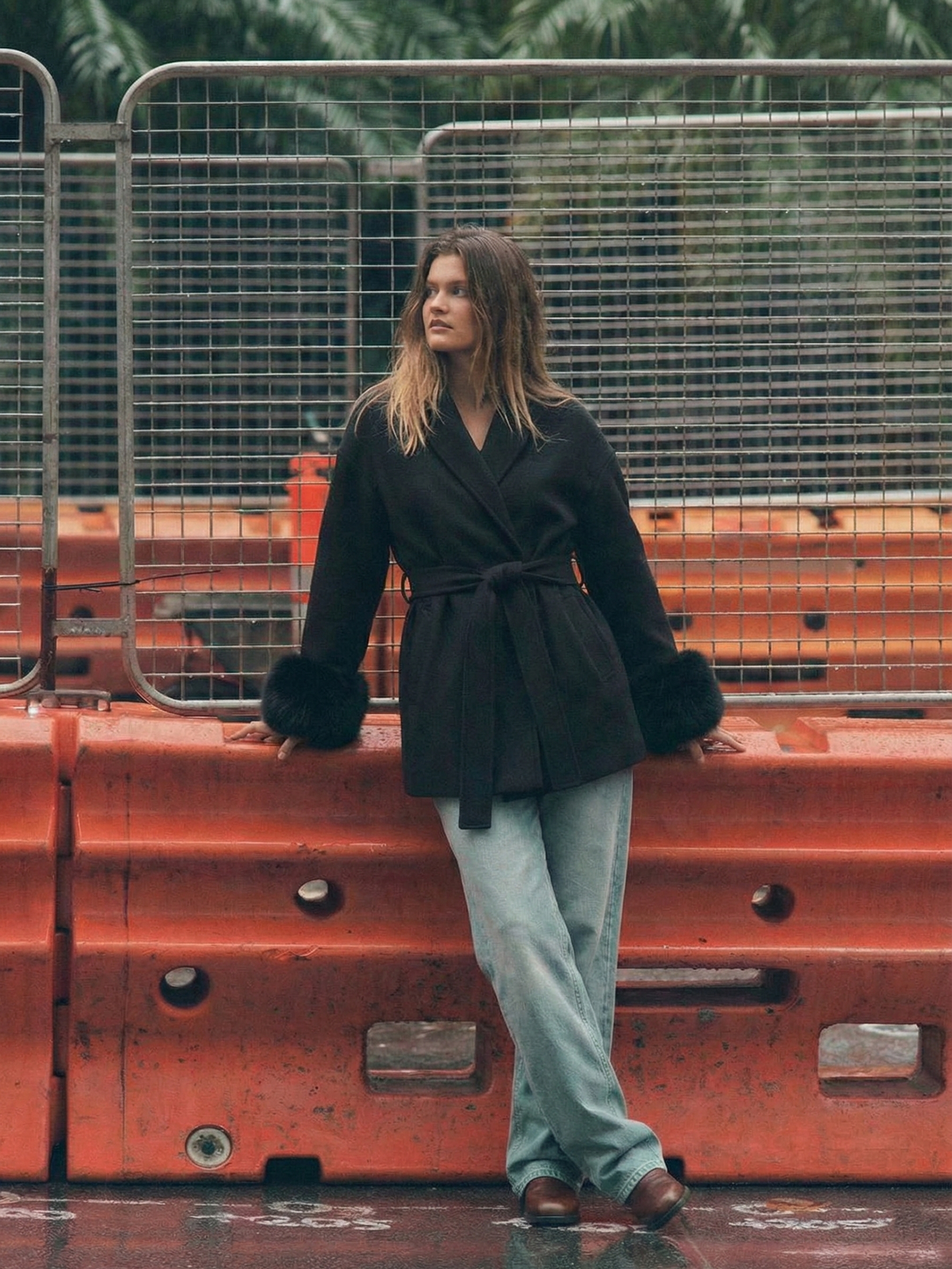 Celine | Belted Coat with Faux Fur Cuffs