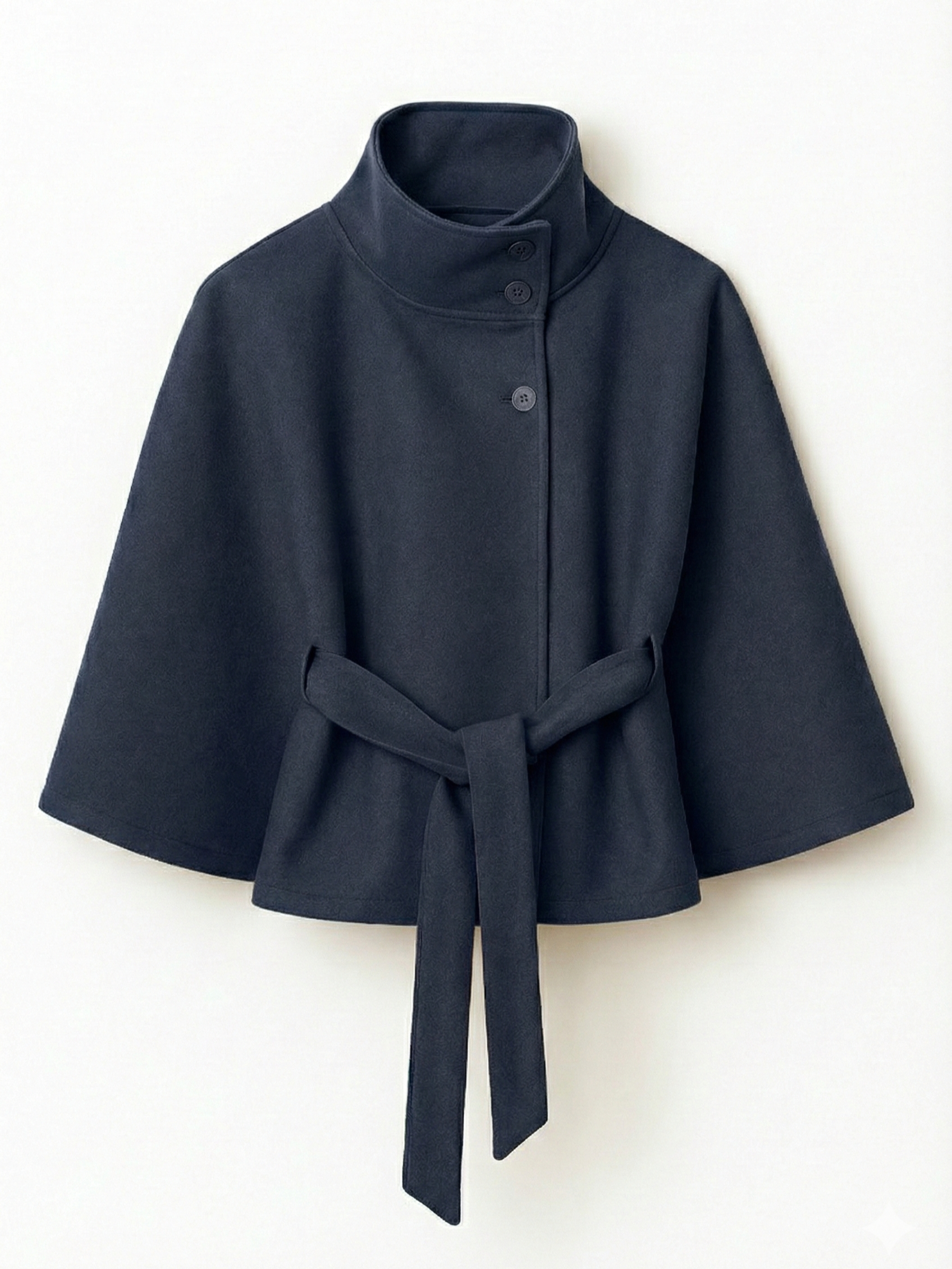 Chloe | High-Neck Belted Cape Jacket Navy Blue