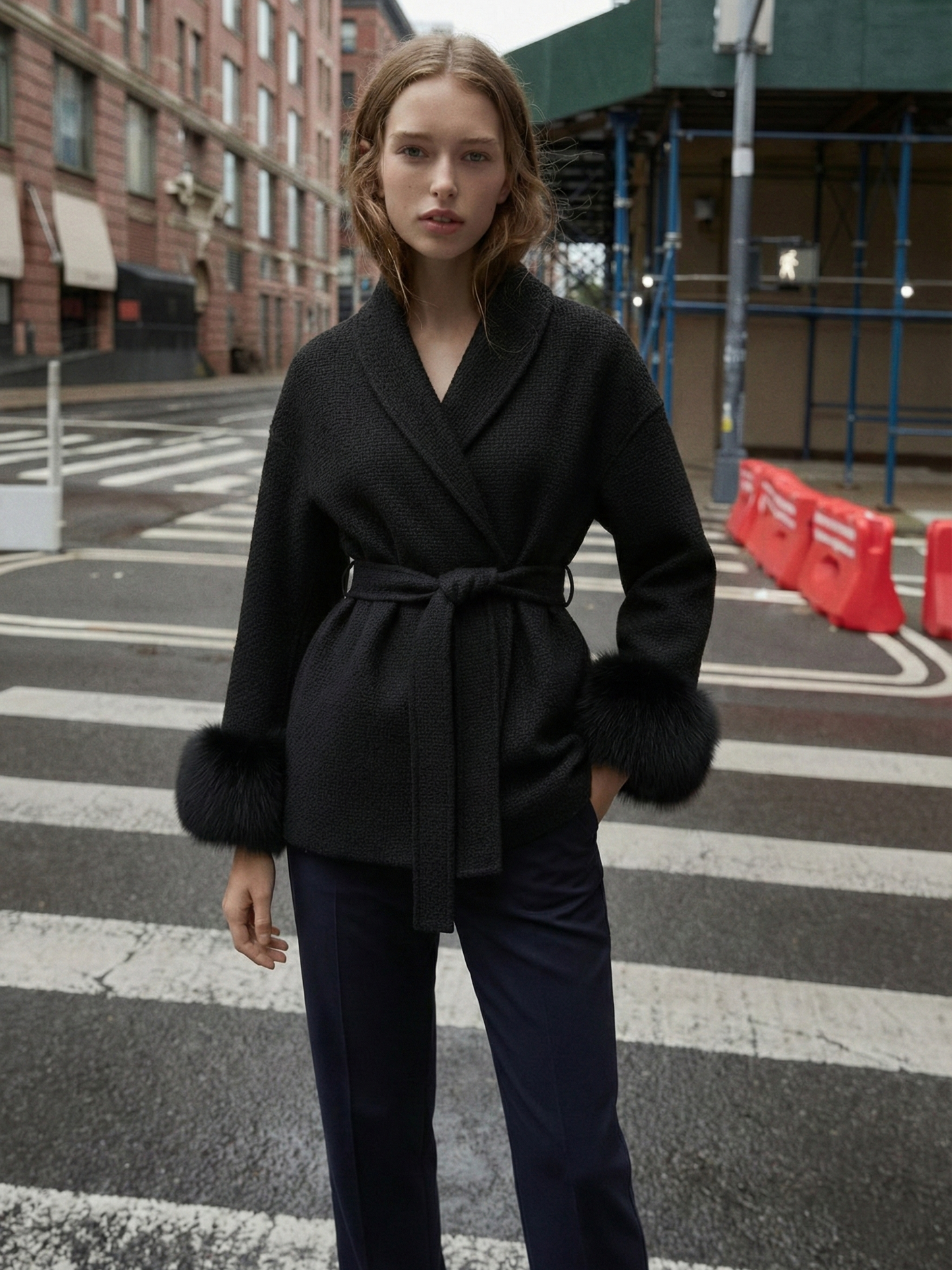Celine | Belted Coat with Faux Fur Cuffs