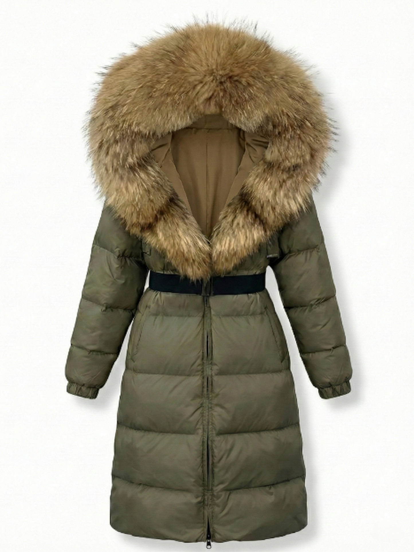 Jane | Belted Long Puffer Coat with Faux Fur Hood