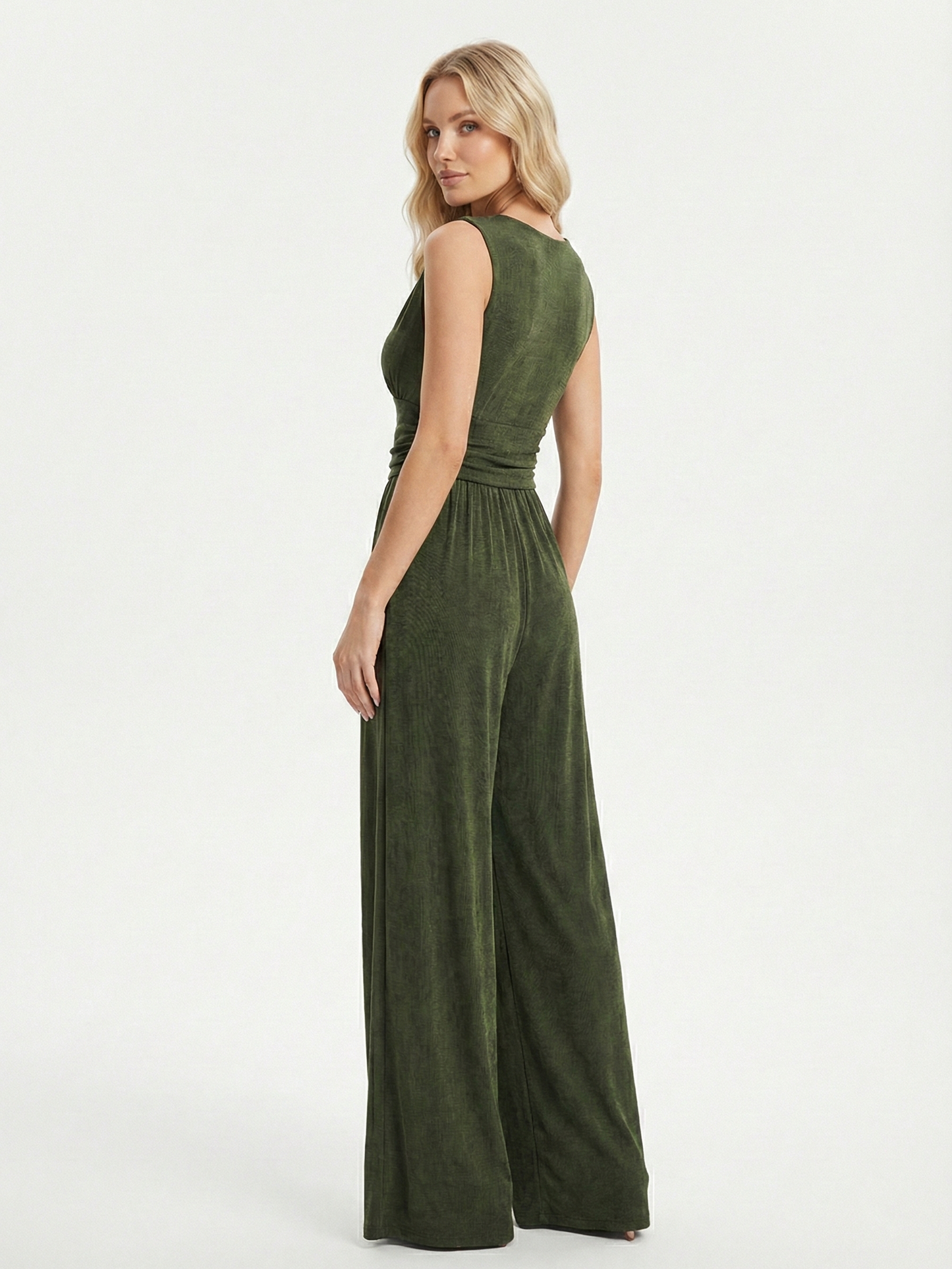 Amy | Stretchy Ruched V-Neck Wide-Leg Jumpsuit