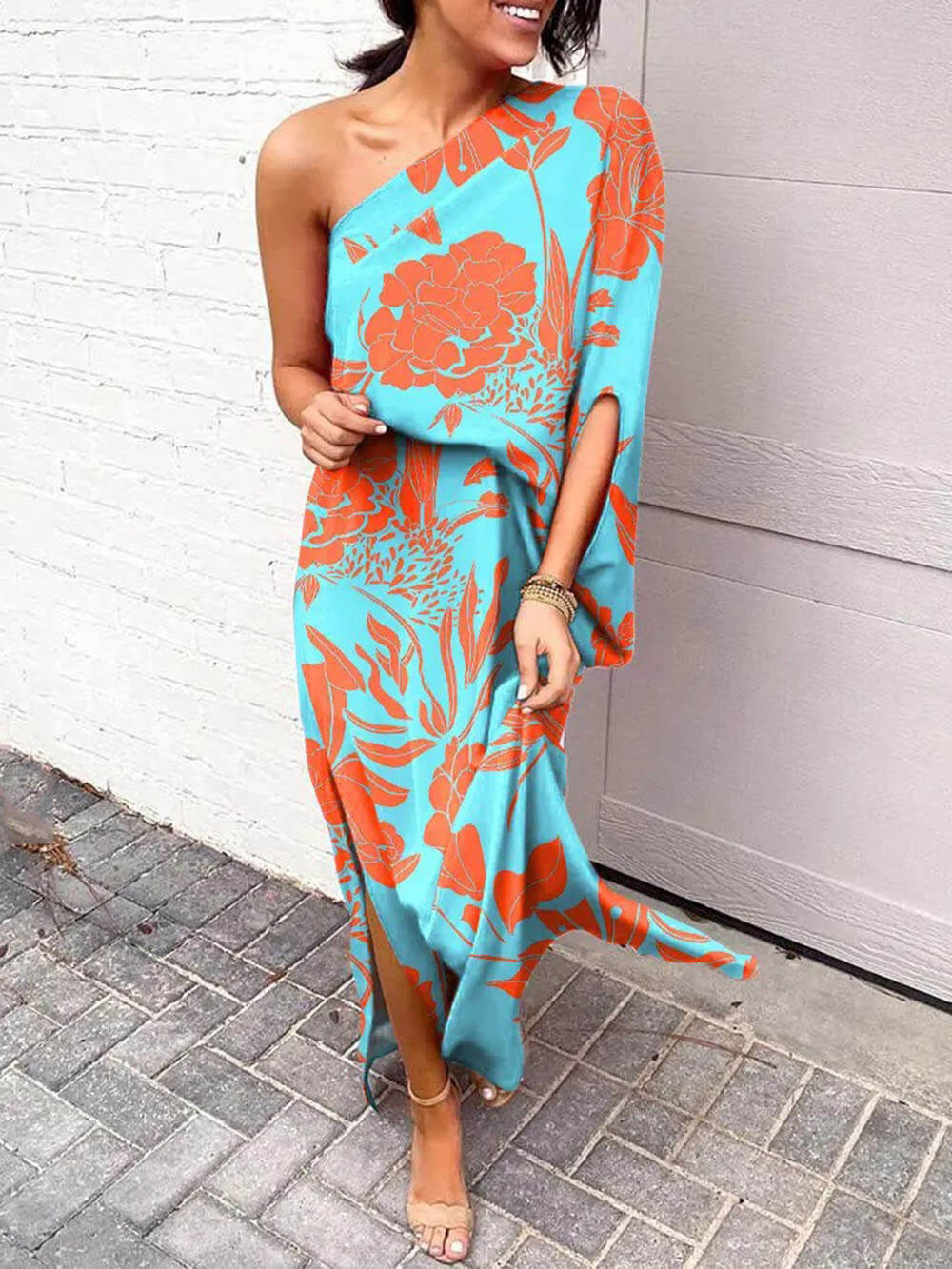 Exquisite Rose Print One Shoulder Slit Maxi Dress Green