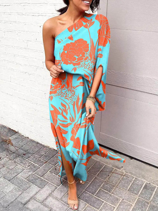 Exquisite Rose Print One Shoulder Slit Maxi Dress Green