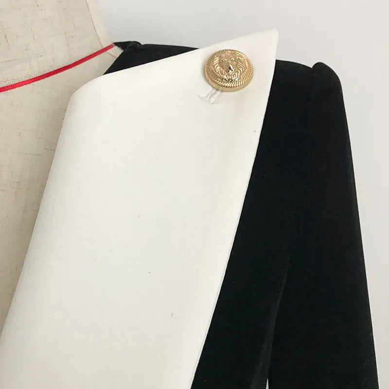 Saashi Lion Button Blazer - Newest Stylish Designer Jacket, Color Block Patchwork Velvet