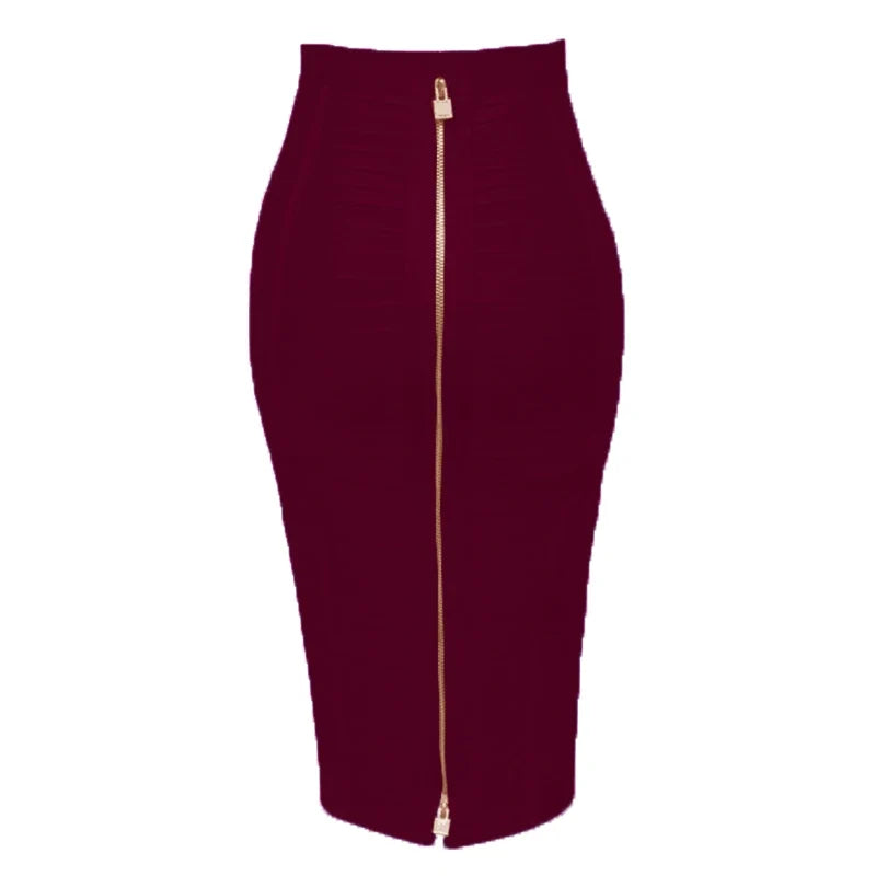 Saashi Bandage Skirt - Sexy Solid Colors, Zipper Closure, Elastic Bodycon