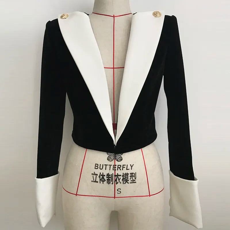 Saashi Lion Button Blazer - Newest Stylish Designer Jacket, Color Block Patchwork Velvet