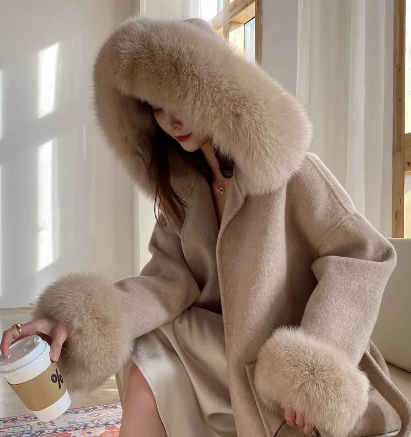 Saashi High-Quality Cashmere Woolen Coat - Natural Fox Fur Outerwear