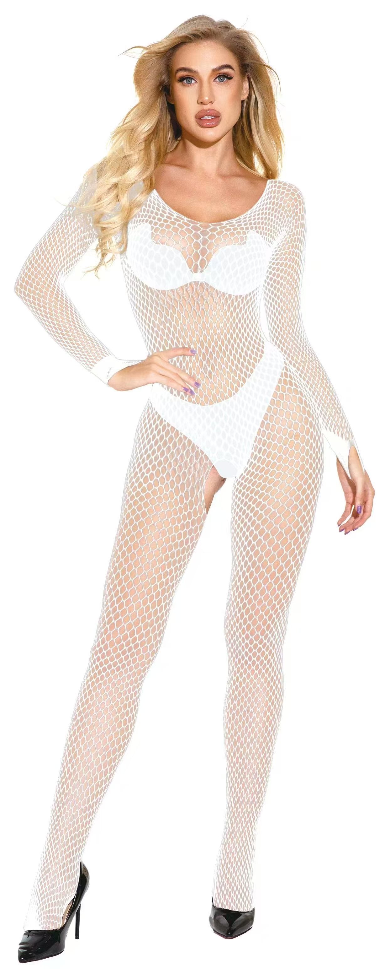 Ladies Long Sleeve Fishnet Body Stocking Crotchless (boxed)