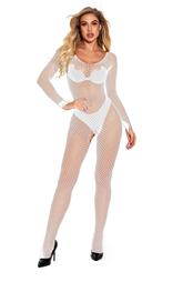 Ladies Long Sleeve Fishnet Body Stocking Crotchless (boxed) White