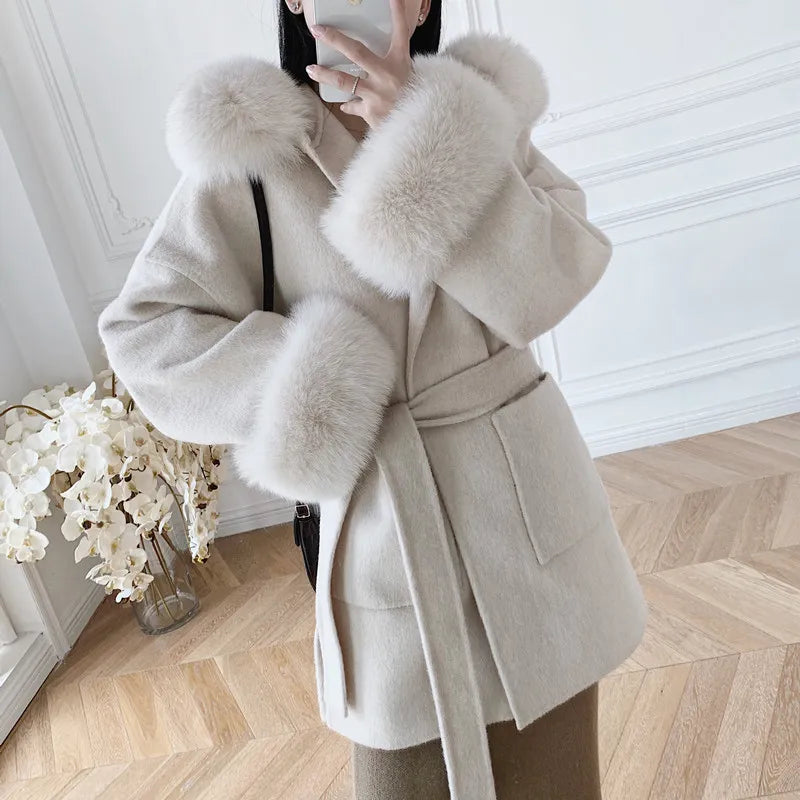 Saashi High-Quality Cashmere Woolen Coat - Natural Fox Fur Outerwear