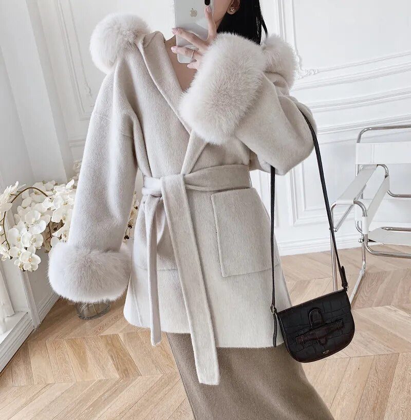 Saashi High-Quality Cashmere Woolen Coat - Natural Fox Fur Outerwear