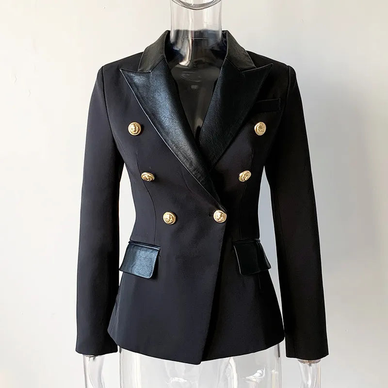 Saashi PU Leather Collar Blazer - Spring/Autumn European Design, Slim Fit, Black