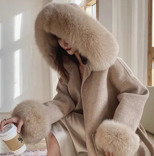 Saashi High-Quality Cashmere Woolen Coat - Natural Fox Fur Outerwear