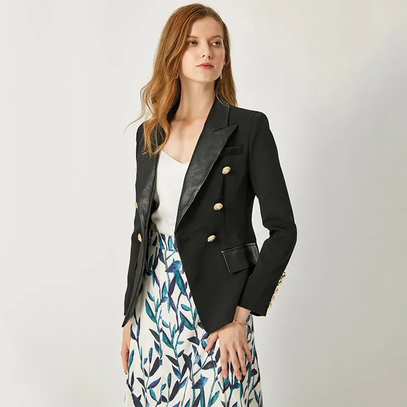 Saashi PU Leather Collar Blazer - Spring/Autumn European Design, Slim Fit, Black