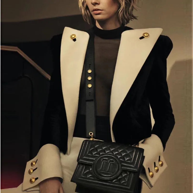 Saashi Lion Button Blazer - Newest Stylish Designer Jacket, Color Block Patchwork Velvet