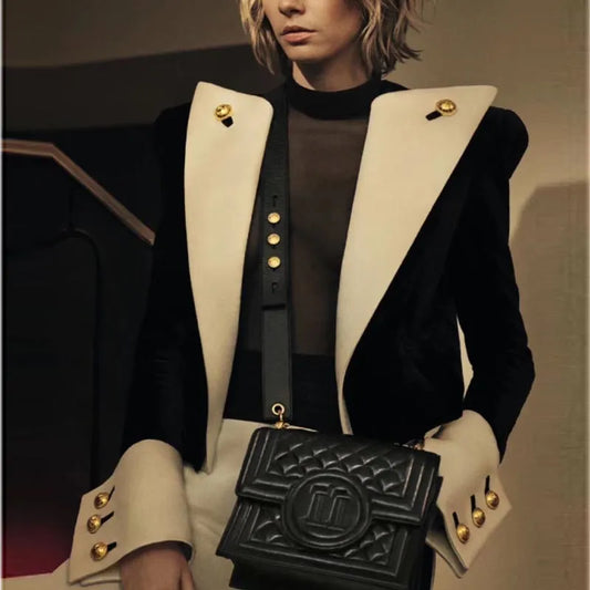 Saashi Lion Button Blazer - Newest Stylish Designer Jacket, Color Block Patchwork Velvet