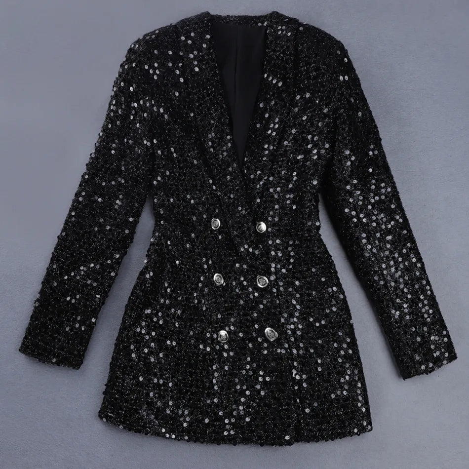 Saashi Glitter Sequined Blazer - High Quality Fashion, Double Lion Buttons, Shawl Collar