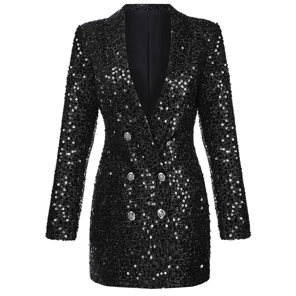 Saashi Glitter Sequined Blazer - High Quality Fashion, Double Lion Buttons, Shawl Collar