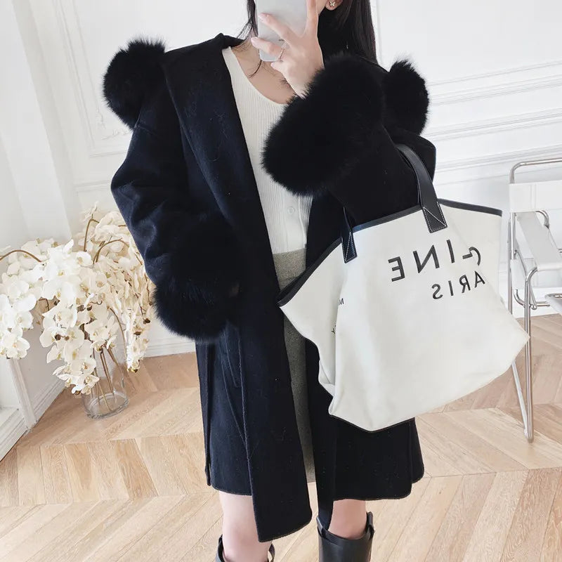Saashi High-Quality Cashmere Woolen Coat - Natural Fox Fur Outerwear