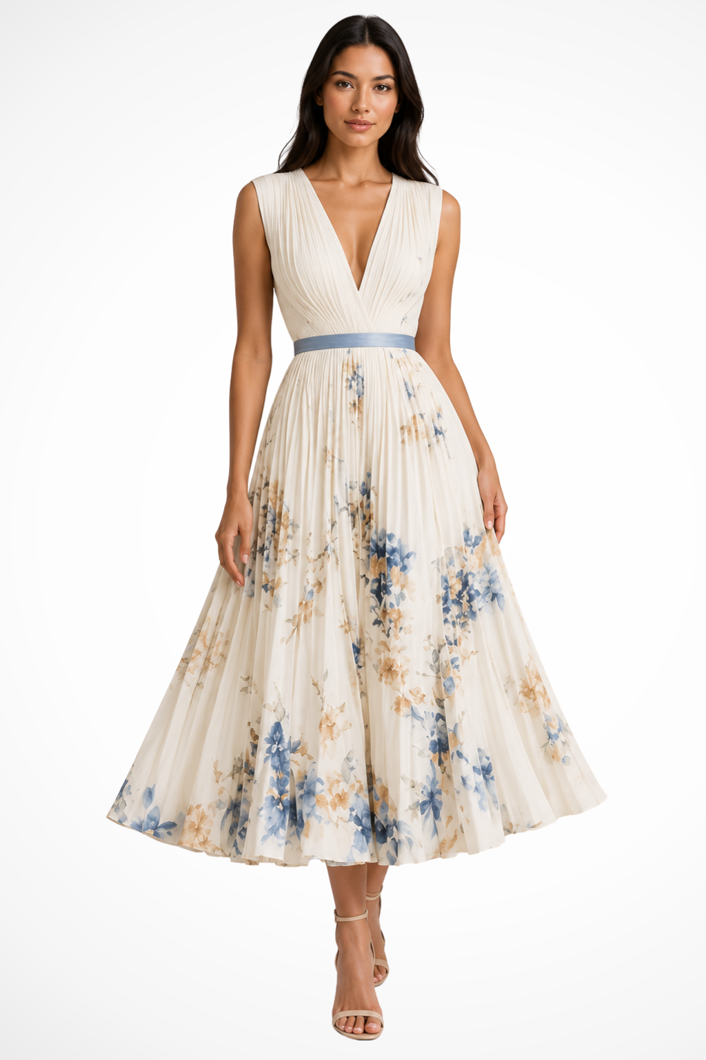 Maristella — Floral Print Midi Dress With Elegant Sleeveless V-Neck Summer Style Beige