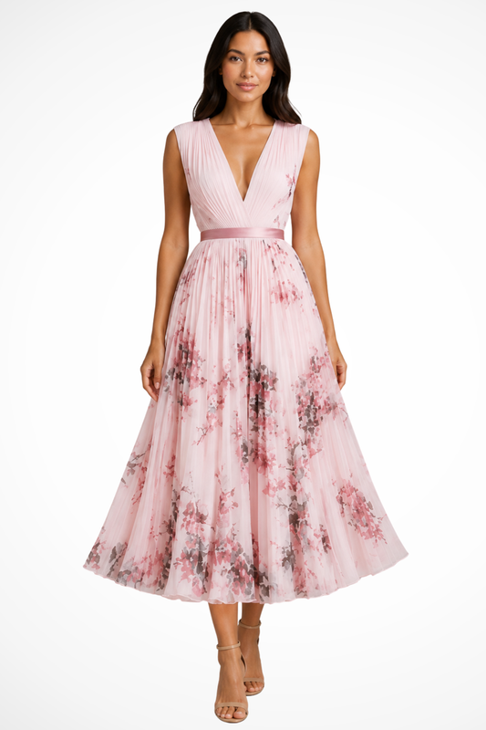 Maristella — Floral Print Midi Dress With Elegant Sleeveless V-Neck Summer Style Pink