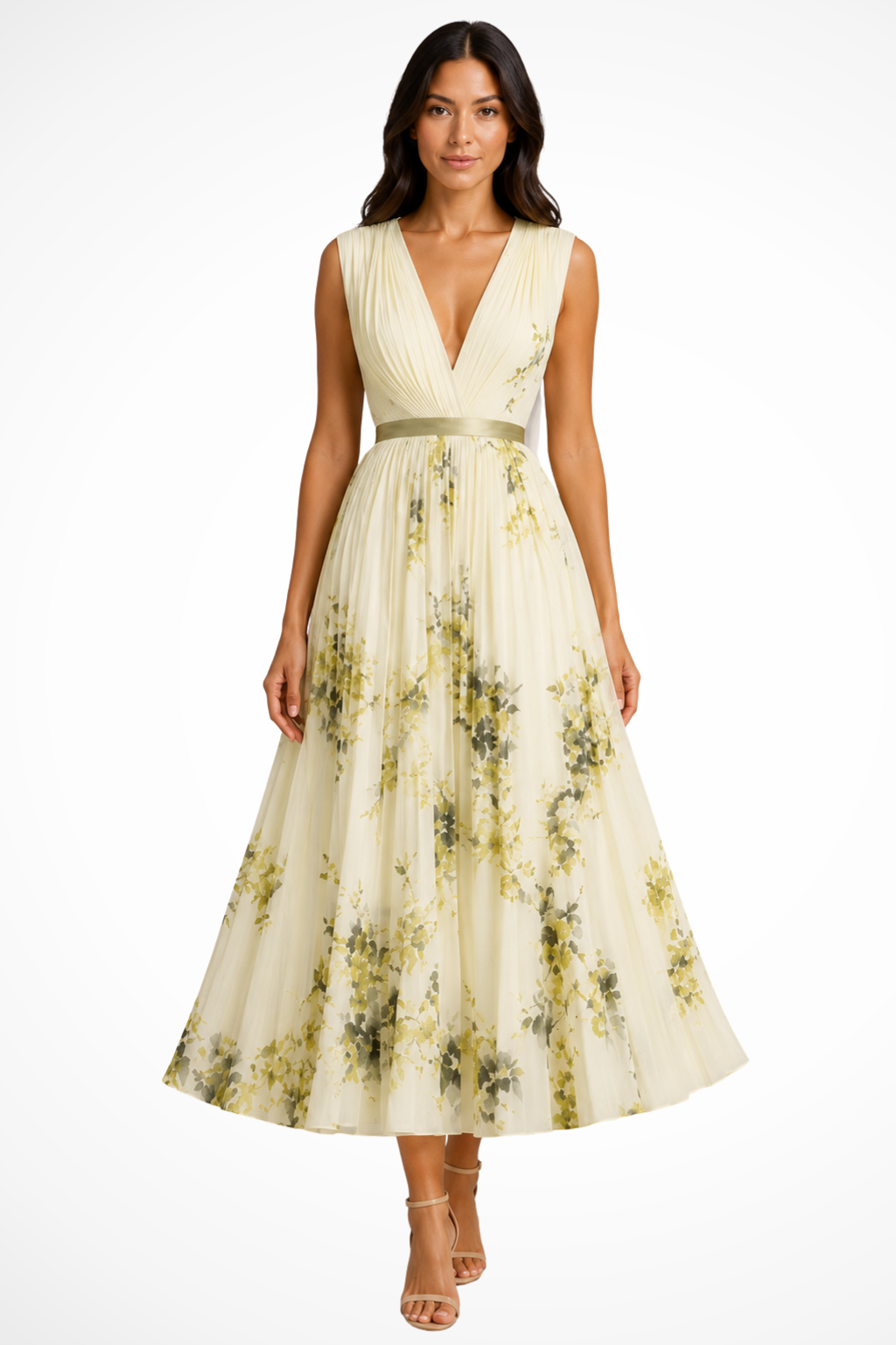 Maristella — Floral Print Midi Dress With Elegant Sleeveless V-Neck Summer Style Yellow