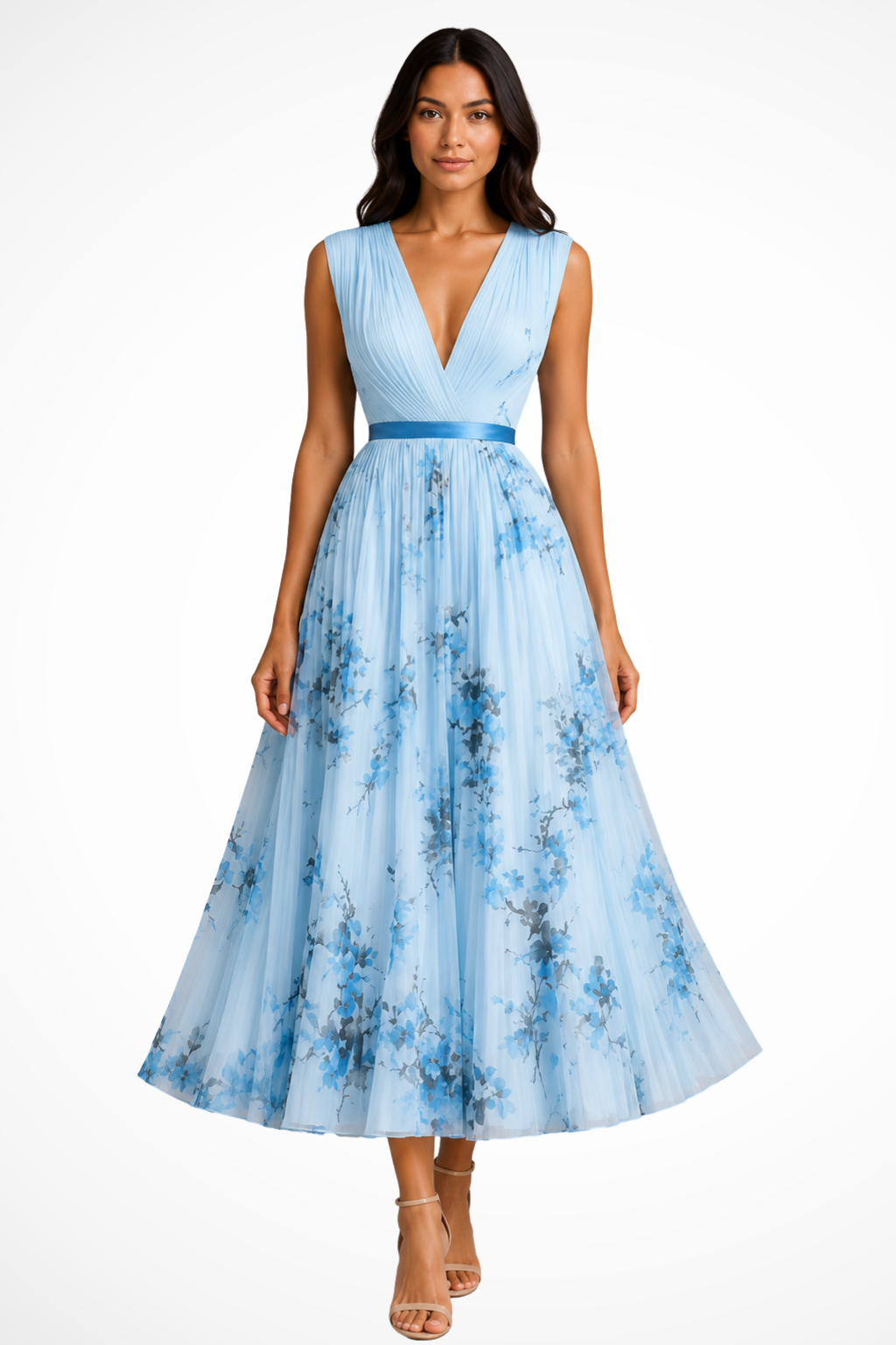 Maristella — Floral Print Midi Dress With Elegant Sleeveless V-Neck Summer Style Blue